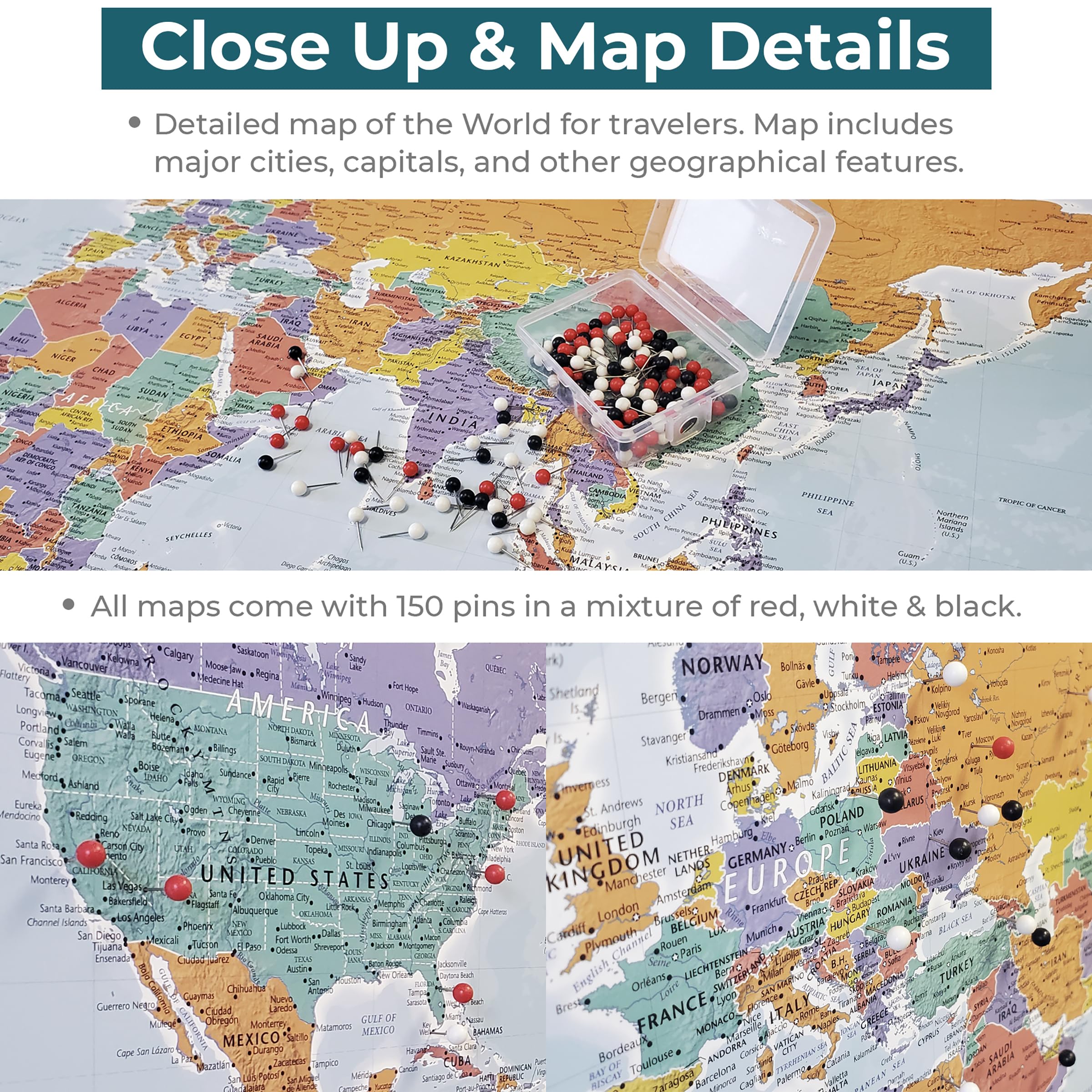 Push Pin Travel Maps Customizable World Map - 27.5" x 39.5" - Rustic Brown Frame - Ideal for Adventurous Travelers