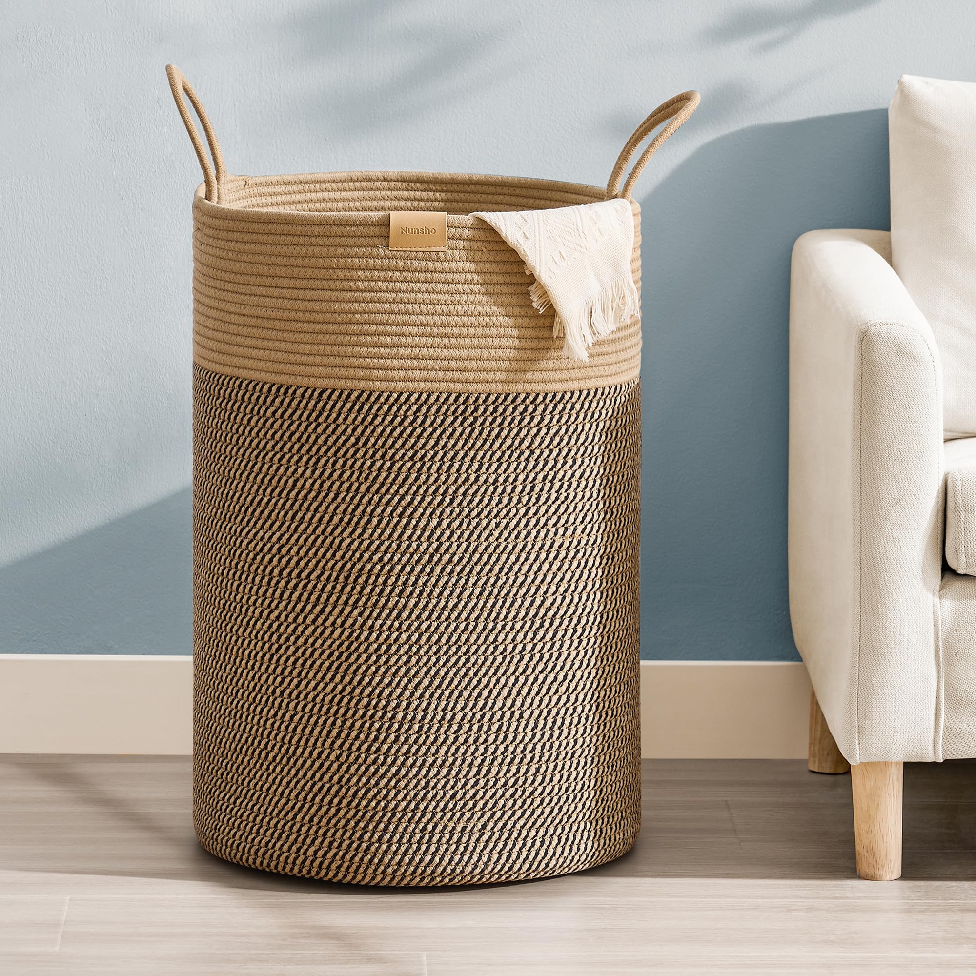 Nunsino 75L Laundry Hamper Basket,Baby Nursery Woven Storage Basket For Toys Bin,Pillows,Blankets,Clothes,Dark&Brown