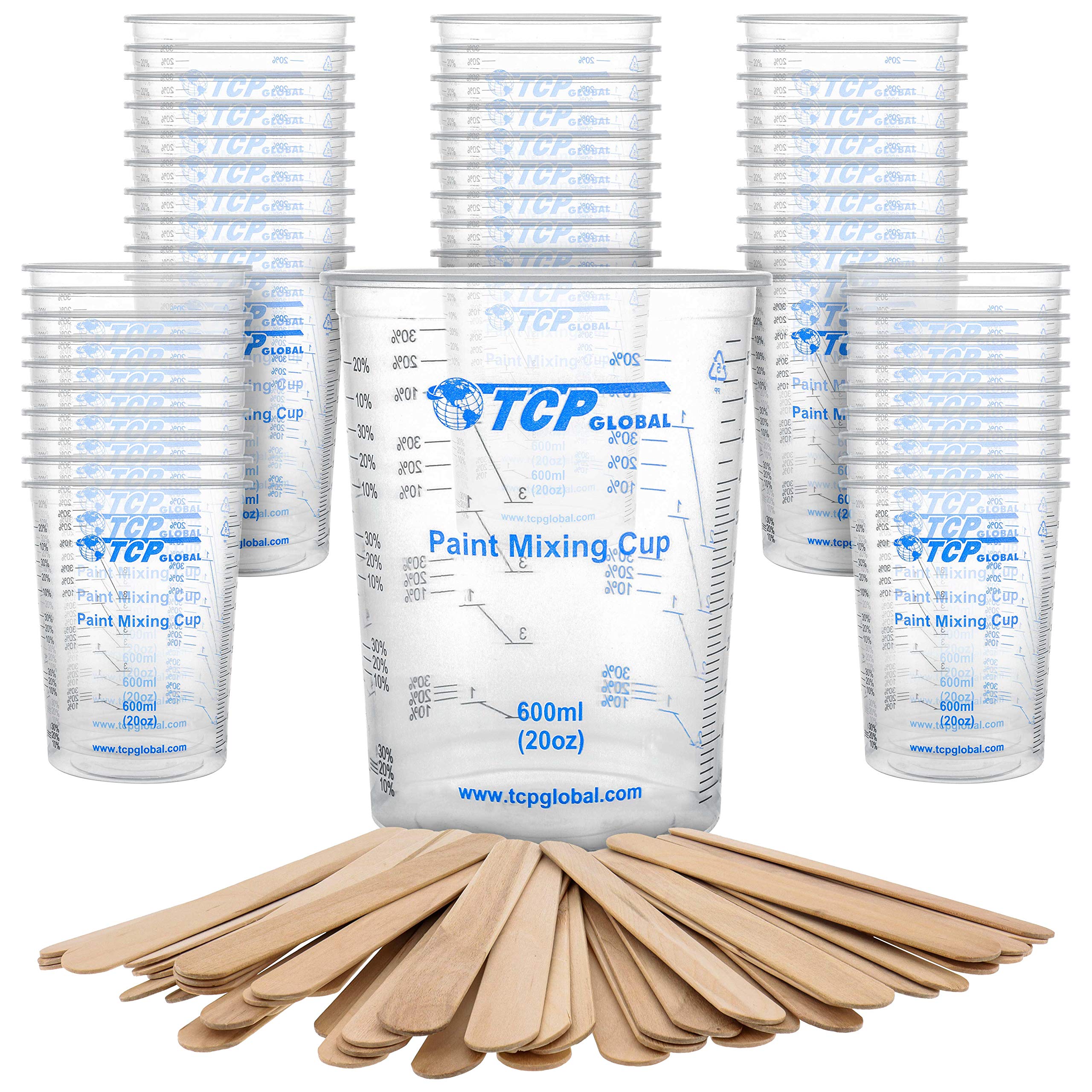 Tcp Global 20 Ounce (600Ml) Disposable Flexible Clear Graduated Plastic Mixing Cups - Box Of 50 Cups & 50 Mixing Sticks - Use Fo