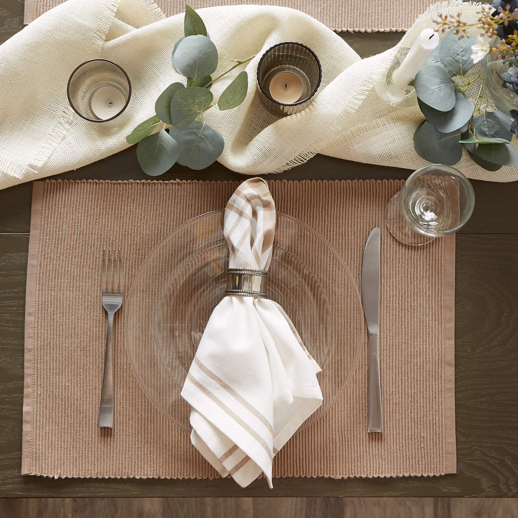Dii Basic Everyday Ribbed Tabletop 100% Cotton, Placemat Set, 13X19, Stone, 6 Piece