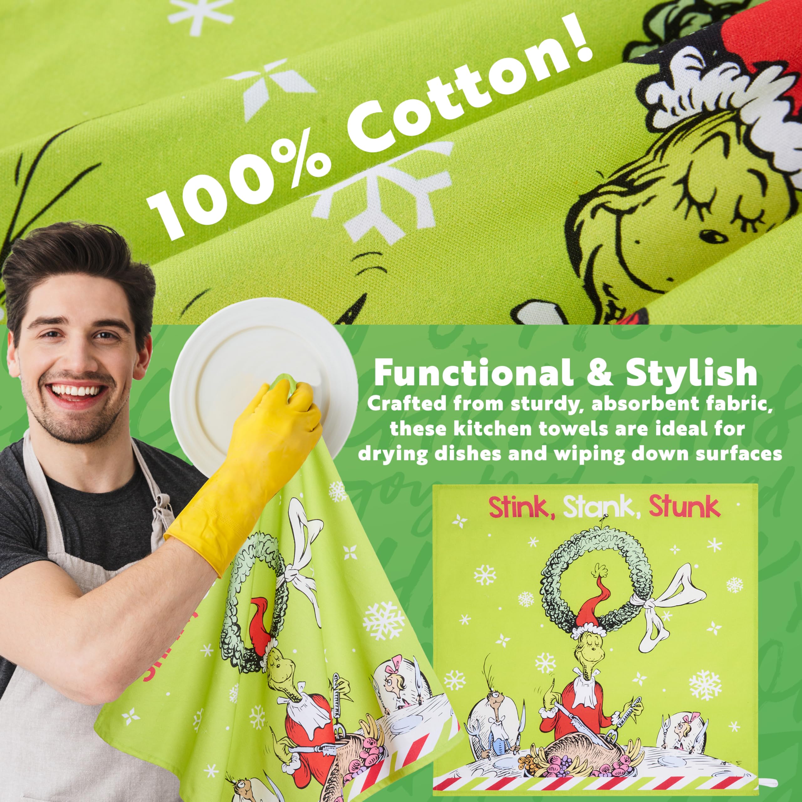 The Grinch Kitchen Towel Pack Of 2, Christmas Dish Cloth Funny Tea Towel Washing Up Cotton Hand Cloth Kitchen Accessories