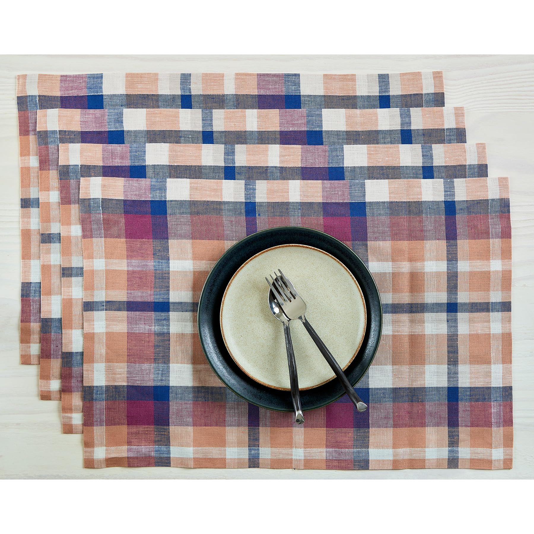 Solino Home Plaid Linen Placemats Set Of 4-100% Pure Linen Multicolor Fall Flavors Madras Plaid Place Mats 14 X 19 Inch - Handcr