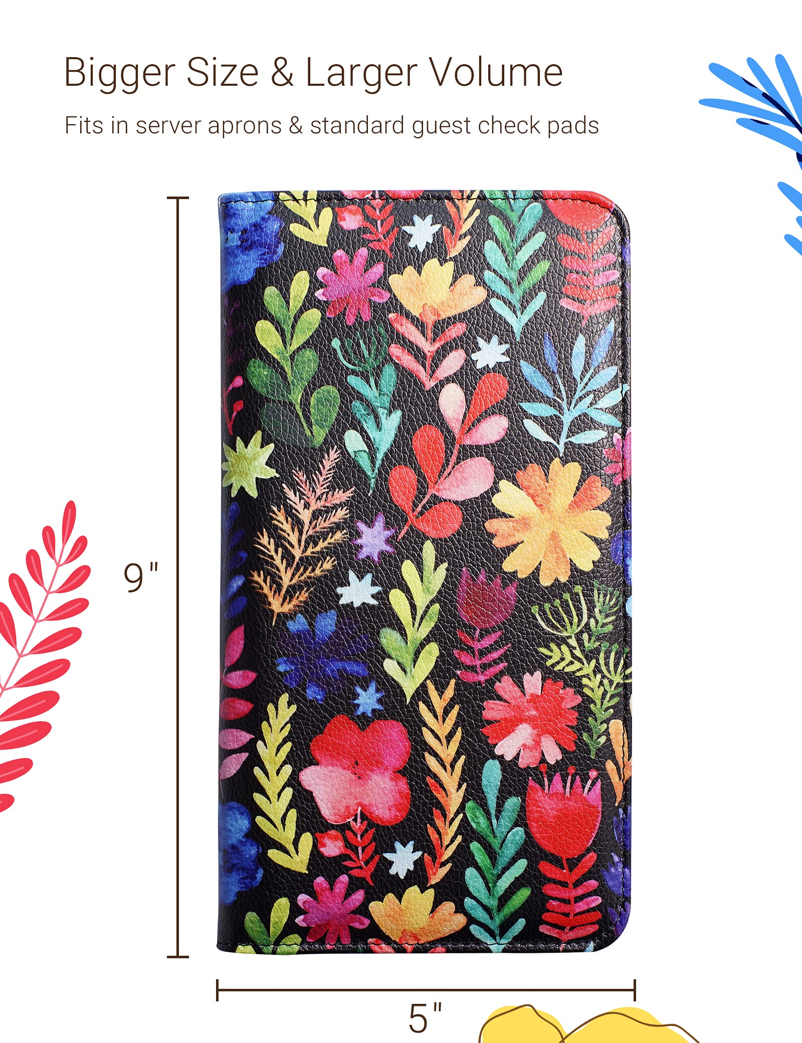 Mymazn Server Book For Waitress, 5X9 Server Book With Zipper, Magnetic Pocket, Pen Holder, Black Server Book With Flower Pattern