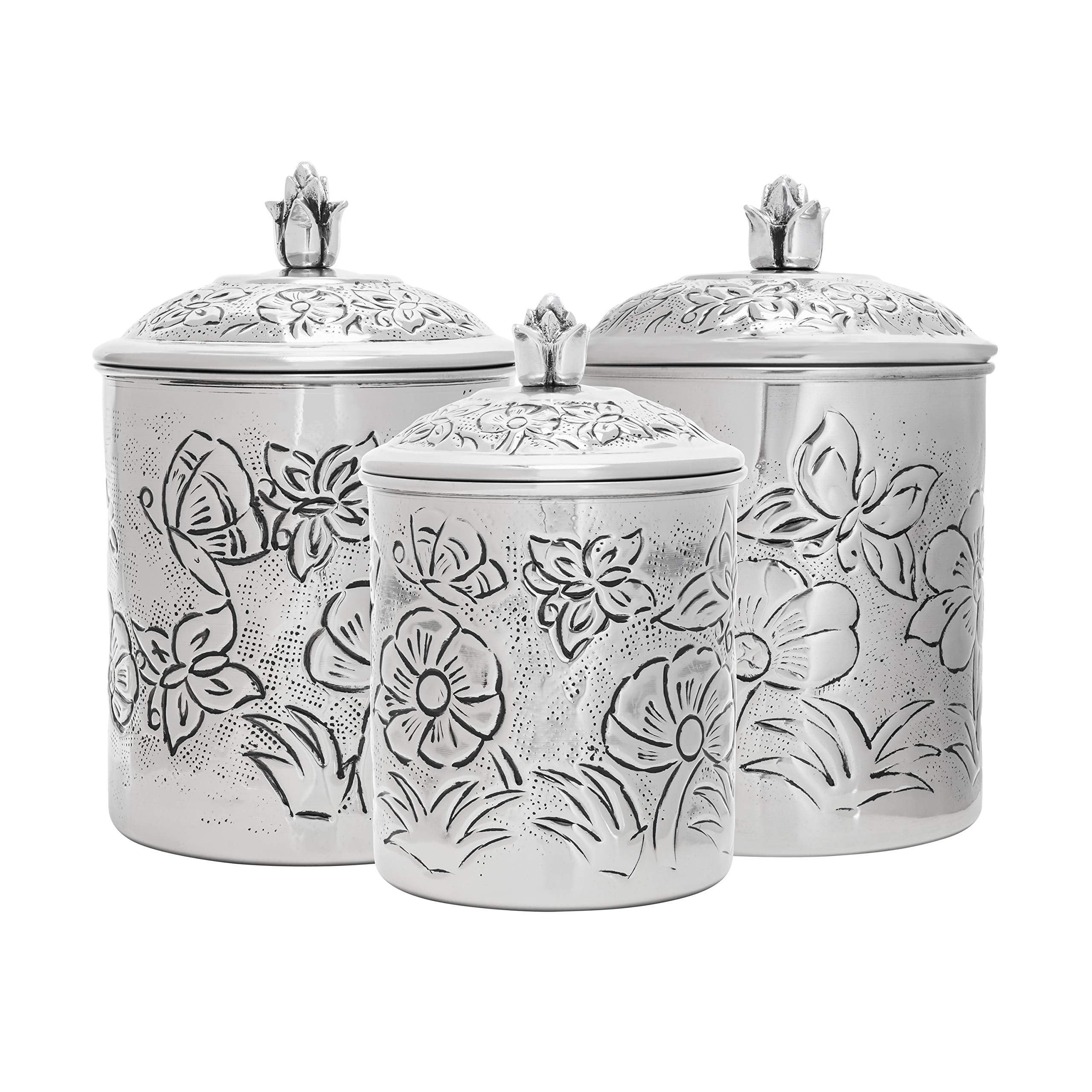 Old Dutch Embossed Butterfly Canisters, 4, 2, 1.5 Quarts, Gray