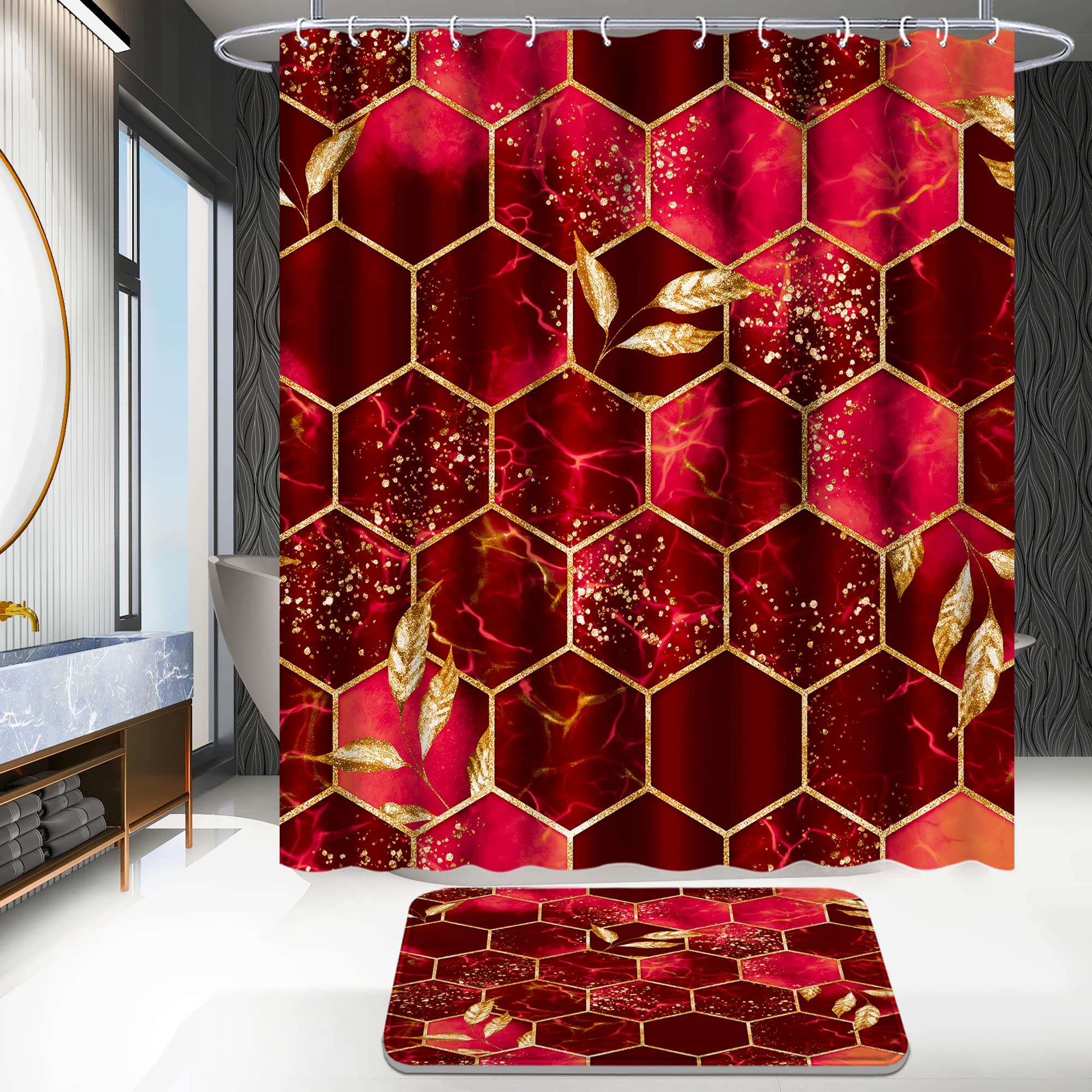 Poedist 4 Pcs Bathroom Shower Curtain Set Red Honeycomb Marble Bathroom Sets with Rugs(Bath Mat U Shape and Toilet Lid Cover Mat) and 12 Durable Hooks