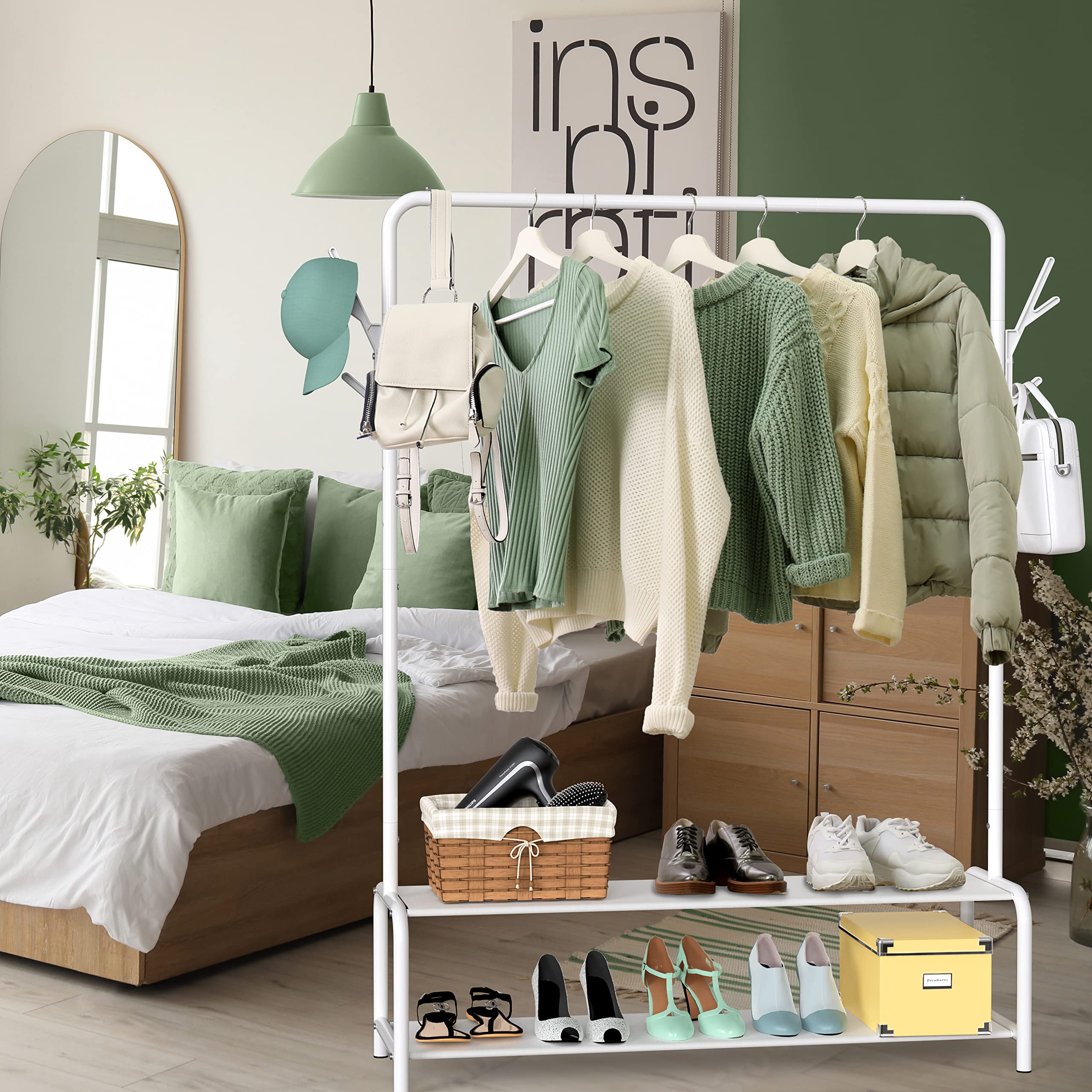 Simple Houseware Garment Rack With Storage Shelves And Coat/Hat Hanging Hooks, White