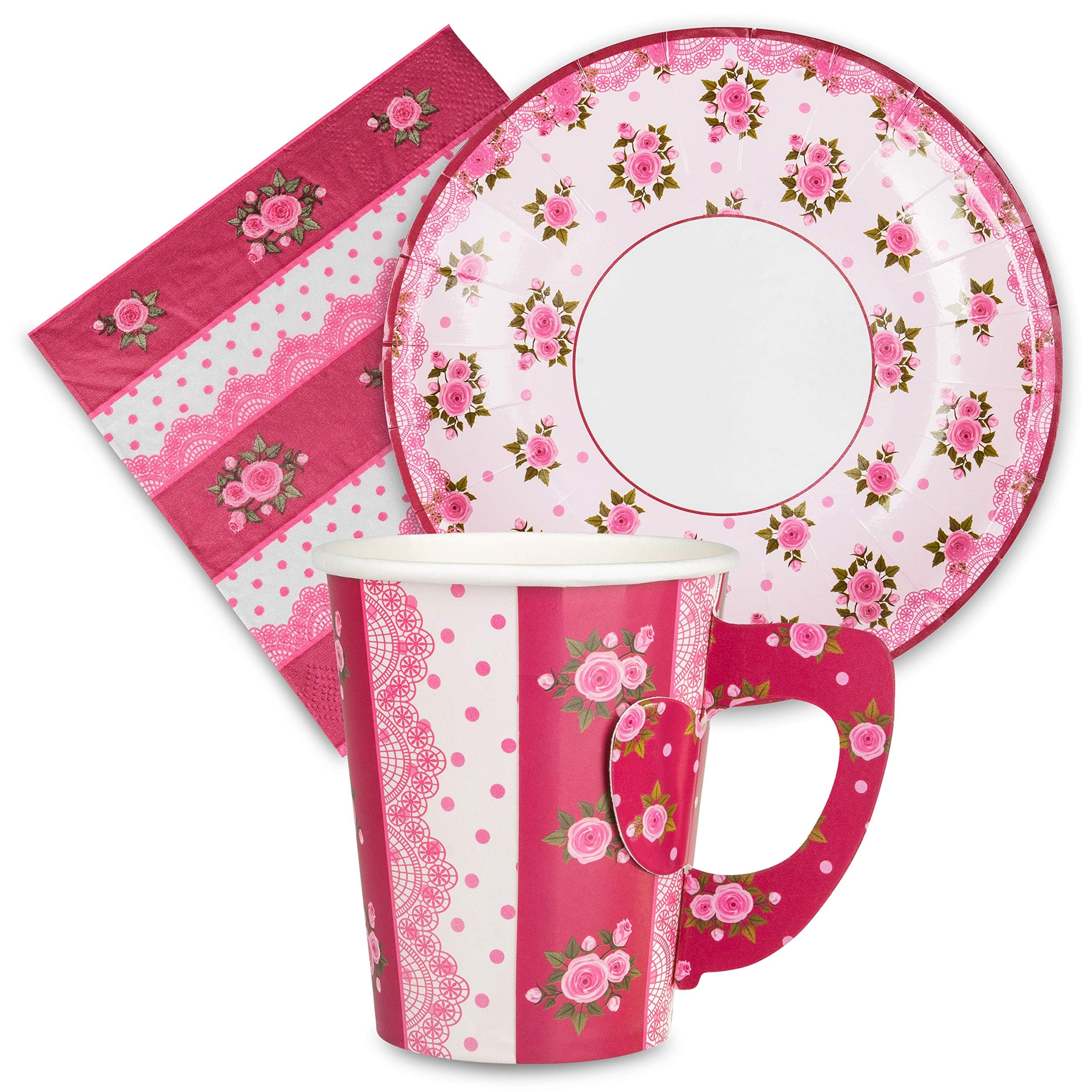 Royal Bluebonnet Paper Tea Cups And Saucer Sets - 24 Sets Of Disposable Tea Party Decorations For Valentine'S Day, Pink Floral C