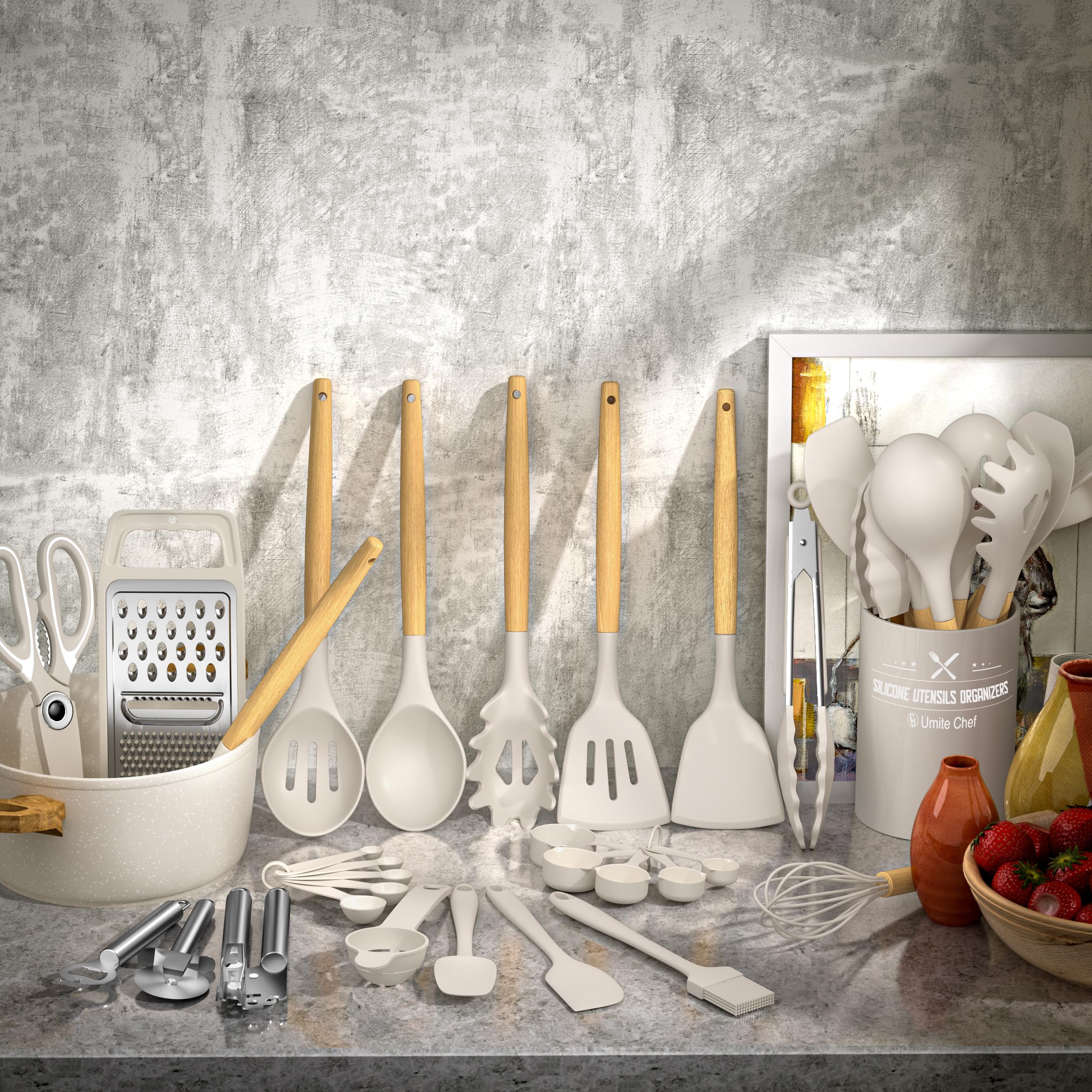 Umite Chef Silicone Kitchen Utensil Set, 34Pcs Heat Resistant Kitchen Gadgets And Tools With Grater, Wood Handles For Nonstick C