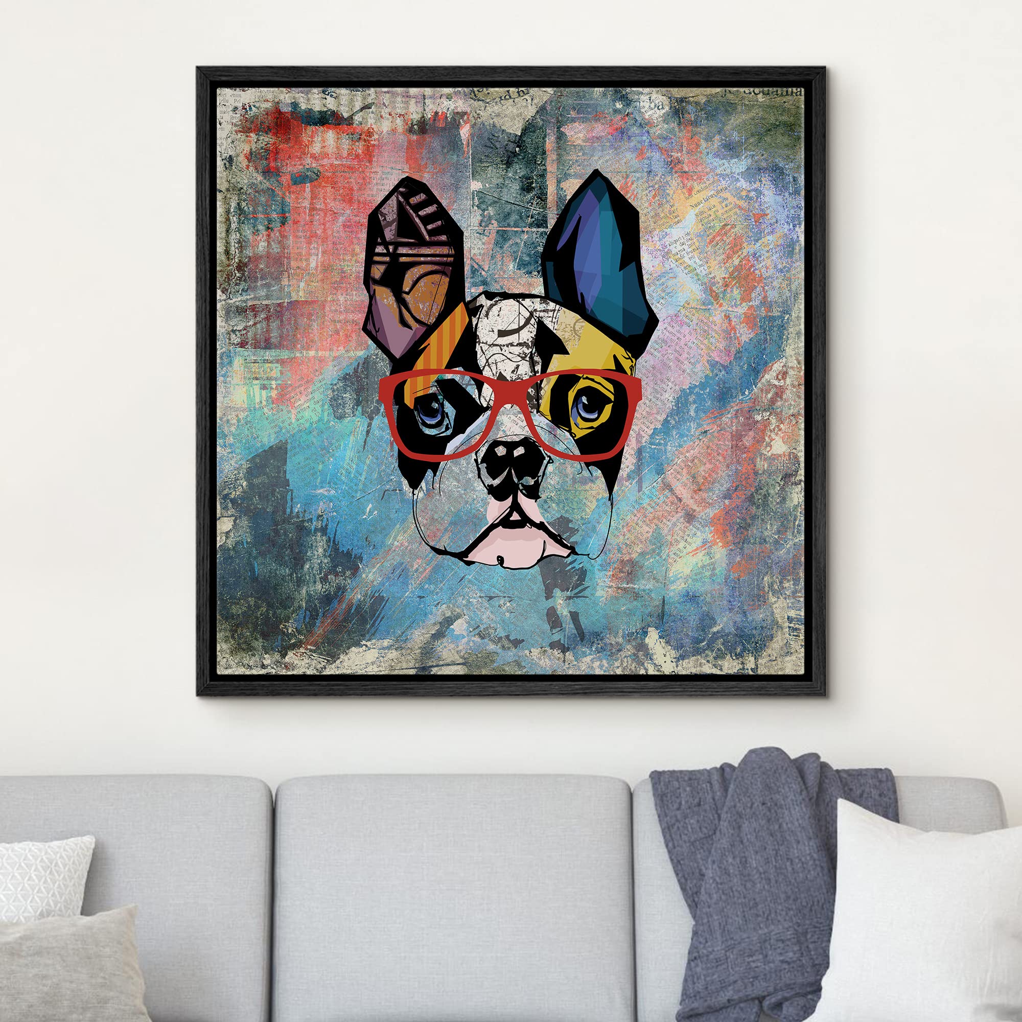 Wall26 Square Dog Series Framed Canvas Wall Art - Colorful Painting Of A Dog With Glasses With Grunge Background - Giclee Print