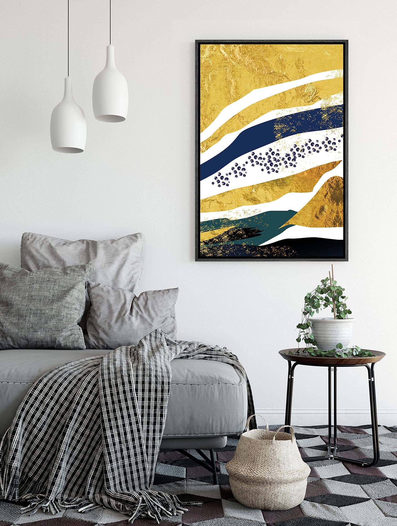 Signford Canvas Print Wall Art Gold Foil Blots With Black & Blue Strokes Abstract Shapes Illustrations Modern Art Alternative Co