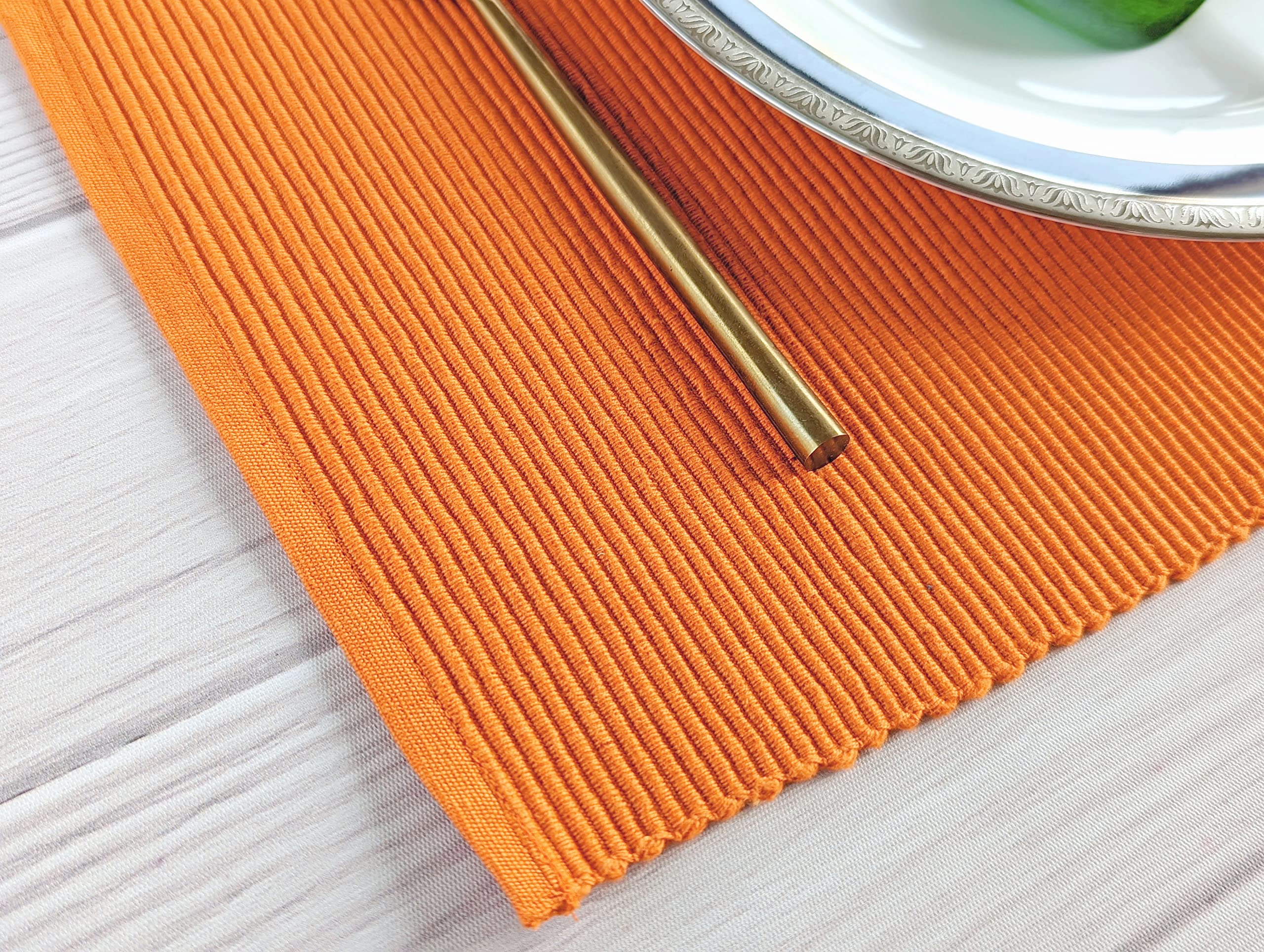 Avka Studio 100% Cotton Ribbed Placemats - Set Of 4-13 X 19 Inches - Orange - Everyday/Fall/Thanksgiving/Halloween Cloth Table M