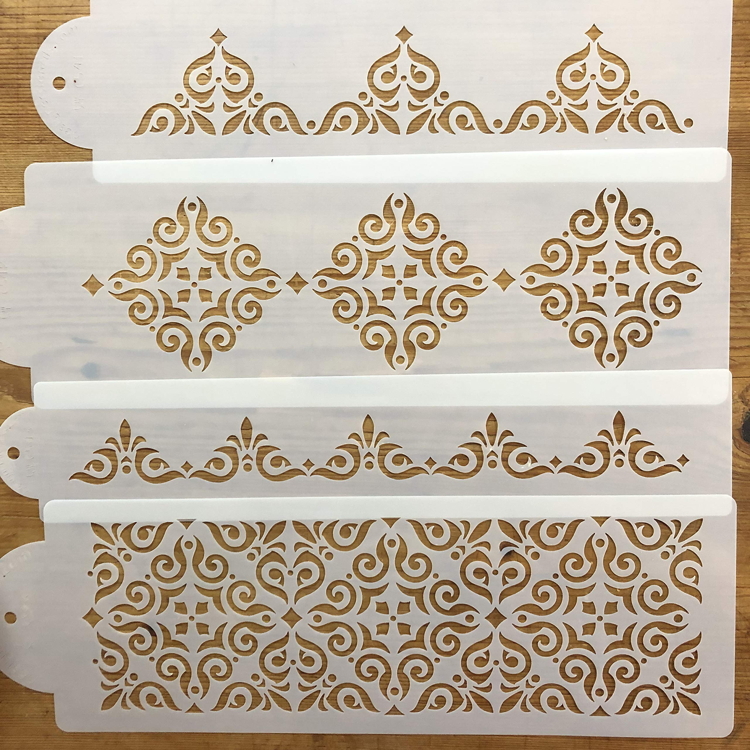 Designer Stencils Mexican Tile Cake Set Foodgrade Stencil, 2'' X 10.6'', 3.4'' X 11.9'', 1.3'' X 12'', 4'' X 12''
