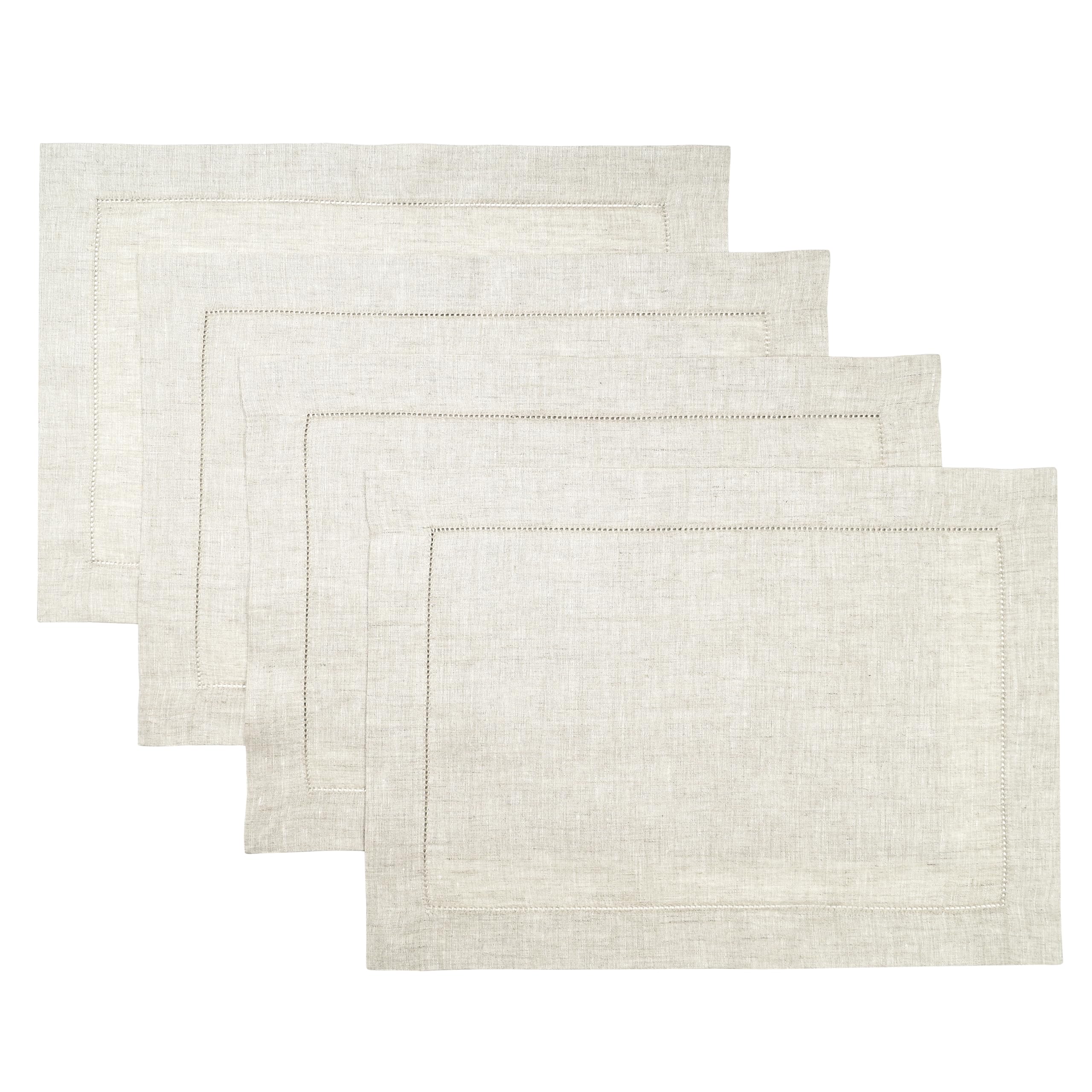 D'Moksha Homes Linen Placemats Set Of 4-100% Pure Linen Light Natural Placemats 14 X 19 Inch - Classic Hemstitch, Washable Light