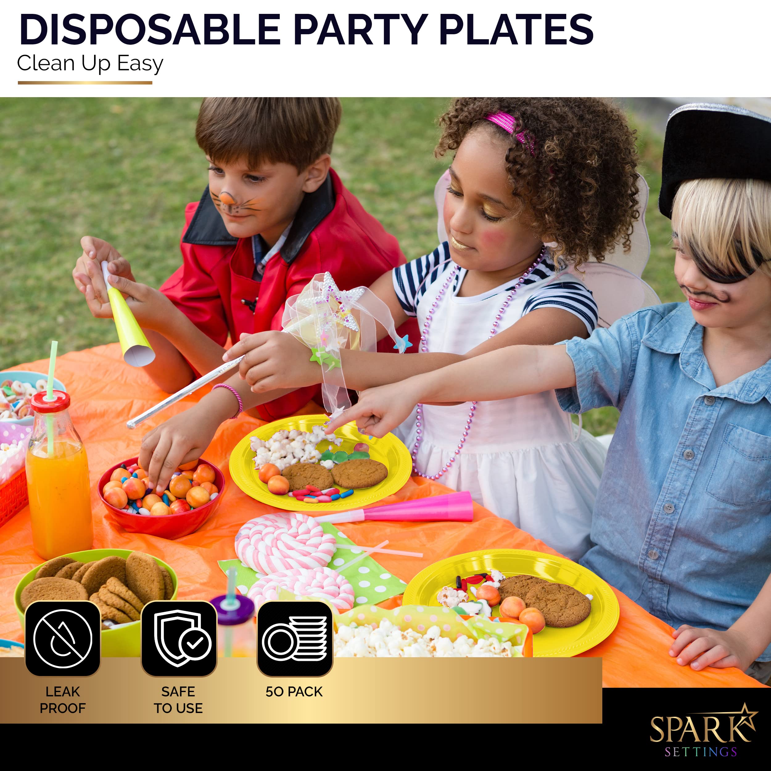Amcrate Disposable Plastic Plates Yellow  10.4 Inches Plastic Dinner Plates  Strong and Sturdy Disposable Plates for Party  Dinner  Holiday  Picnic  or Travel Party Plates  Pack of 50