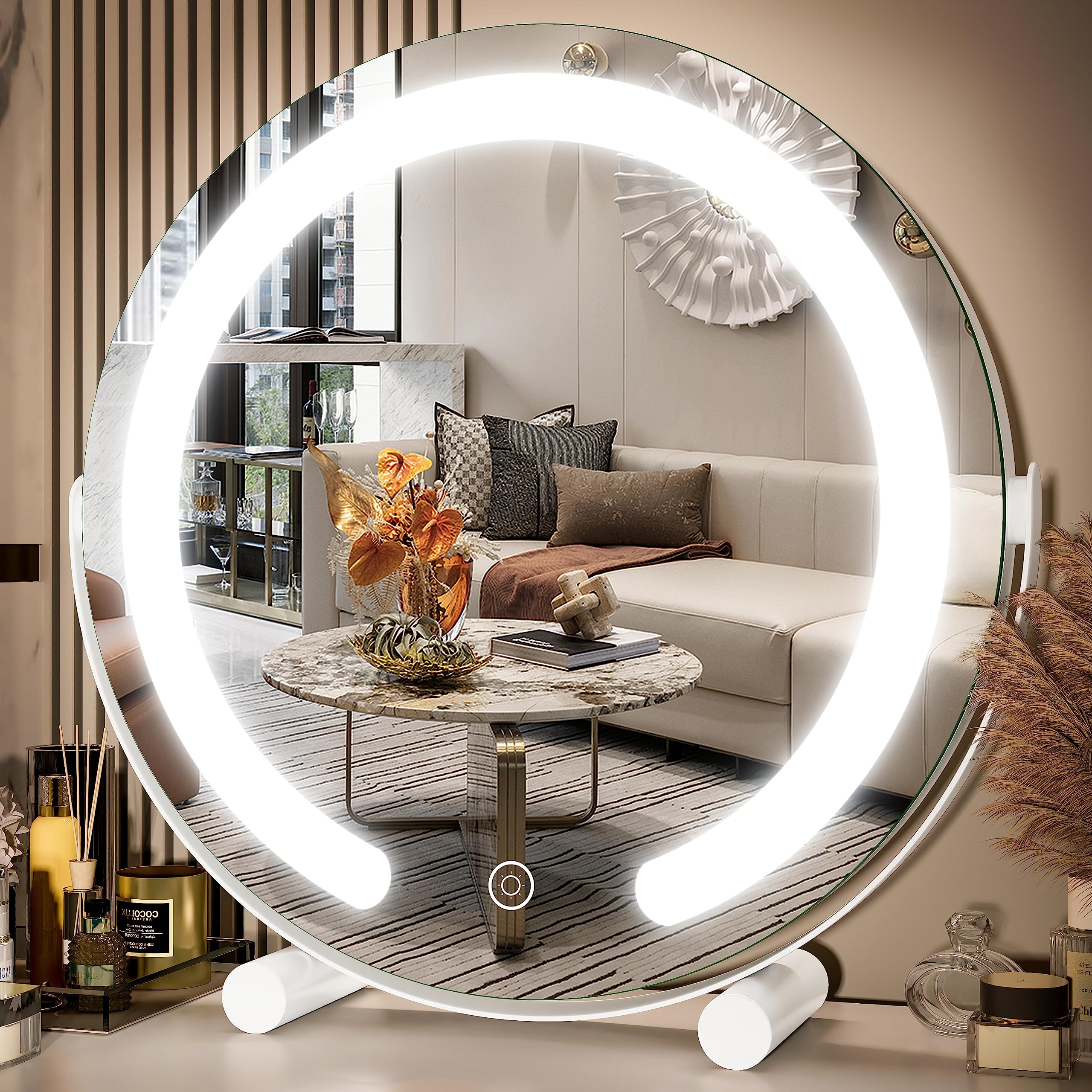 Fennio Vanity Mirror With Lights, 12 Inch Cob Led Lighted Makeup Mirror, Round Makeup Mirror With Lights With 3-Color Lighting,