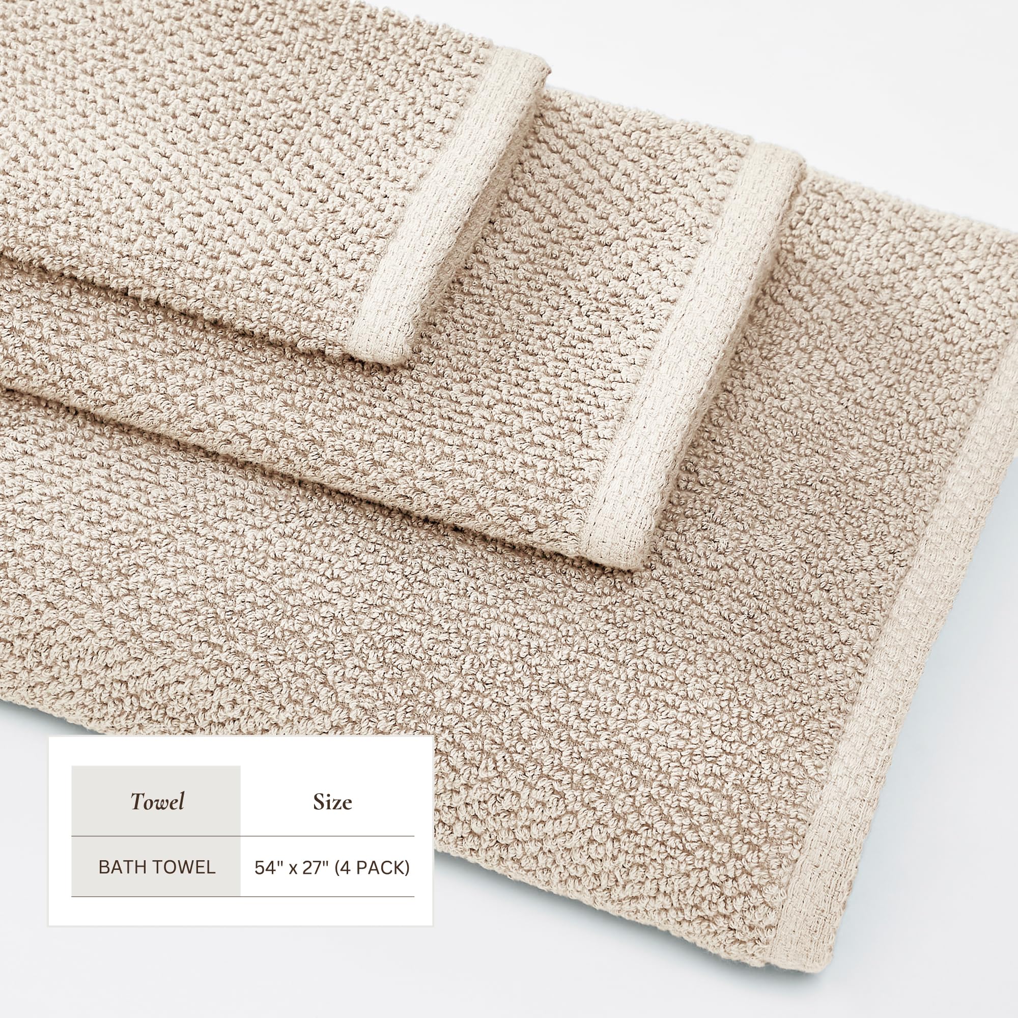 Great Bay Home Taupe Bath Towels - 100% Cotton, Absorbent, Quick-Drying, 4 Pack, 54x27 Inches