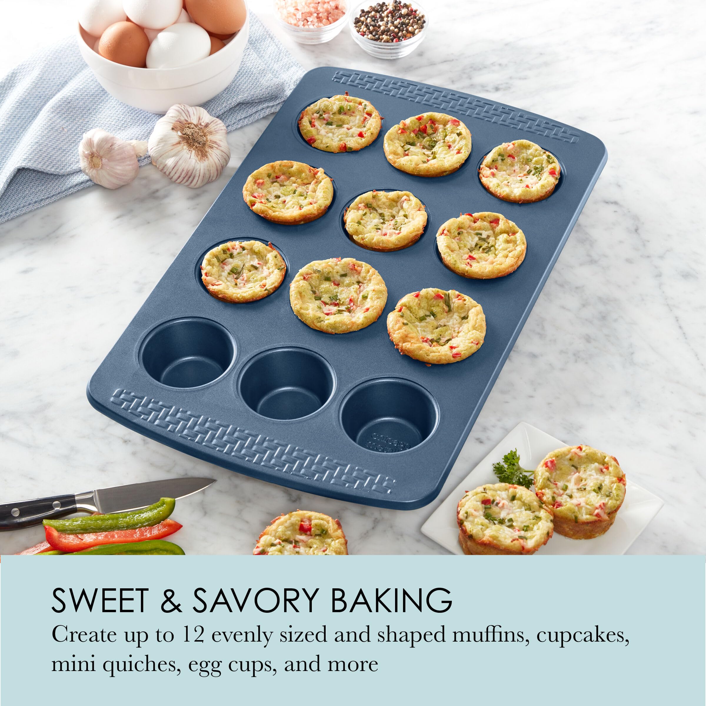 Chicago Metallic Everyday Non-Stick Muffin Pan, Perfect For Muffins, Eggbites And More! 12-Cup, Blue