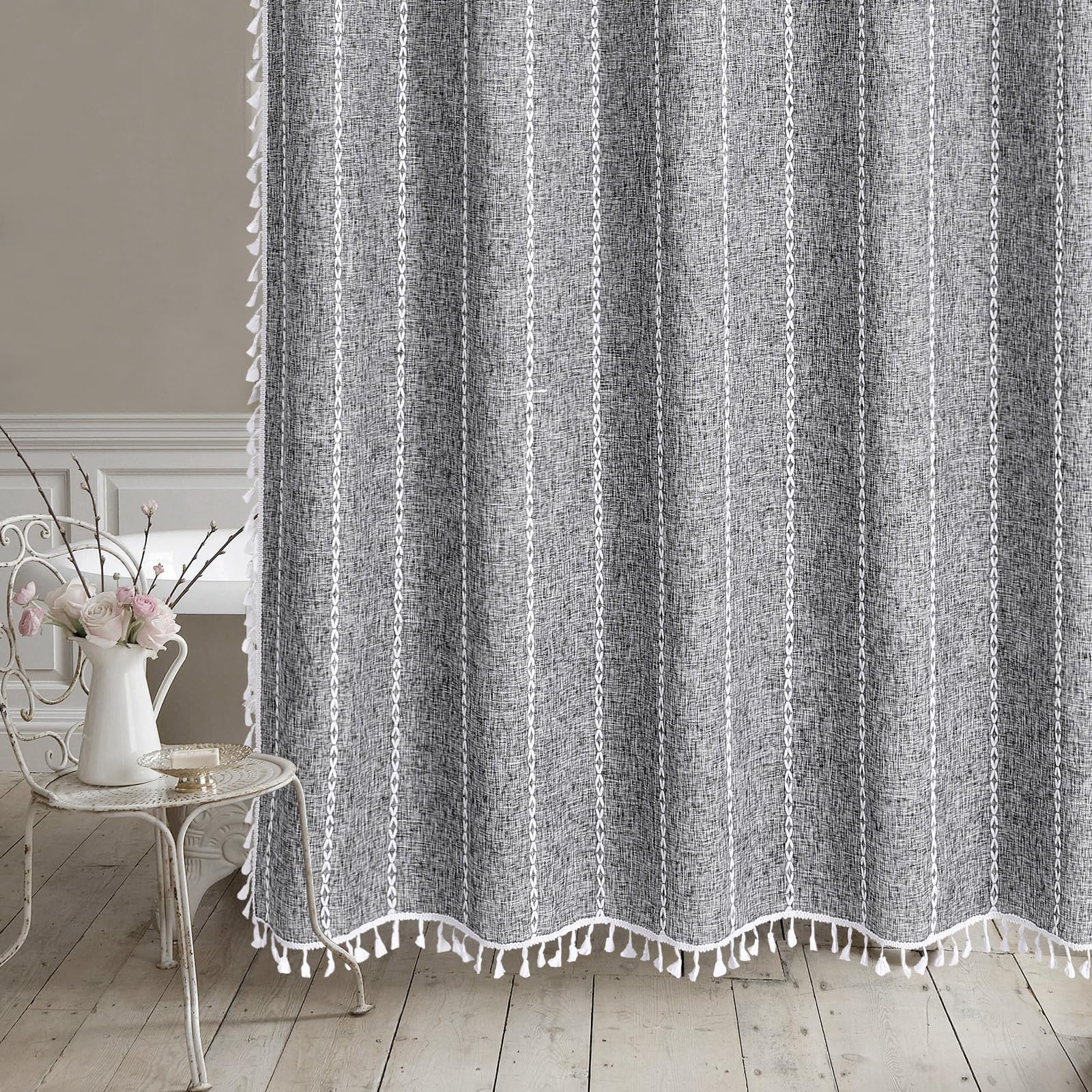 Mitovilla Dark Grey Farmhouse Shower Curtain Set 72 X 78, Boho 78 Inch Long Cotton Linen Tassel Fabric Shower Curtain Set For Ch