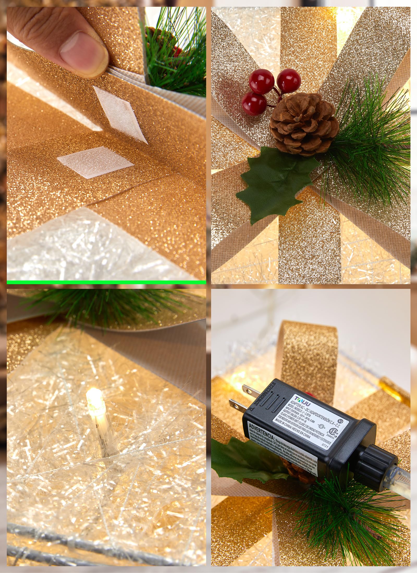 3 Pieces Lighted Gift Boxes Christmas Decorations, 12in 10in 8in with 60 Pre-Strung Mini String Lights, Foldable Light up Presen