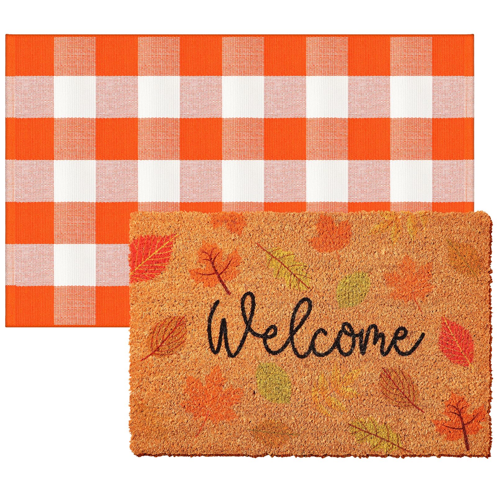 2 Pcs Thanksgiving Coir Doormat Outdoor Thanksgiving Maple Leave Welcome Outdoor Rugs for Layered Buffalo Orange White Plaid Mat