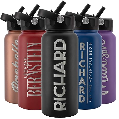 Amazing Items Personalized Water Bottle With Straw Lid, 32 Oz - Jet Black | Custom Stainless Steel Sports Water Bottle W/Name An