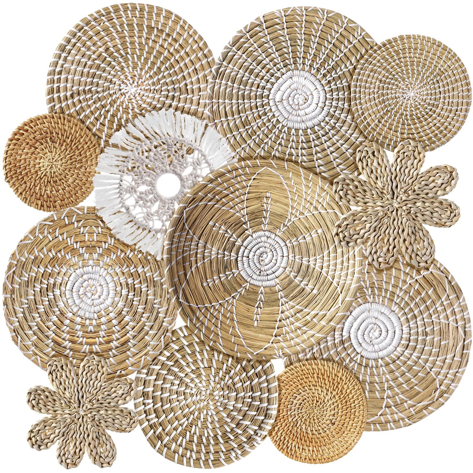 Xuhal 11 Pcs Boho Hanging Wall Basket Decor Handmade Woven Basket Wall Decorative Boho Wicker Baskets Placemats Round Farmhouse