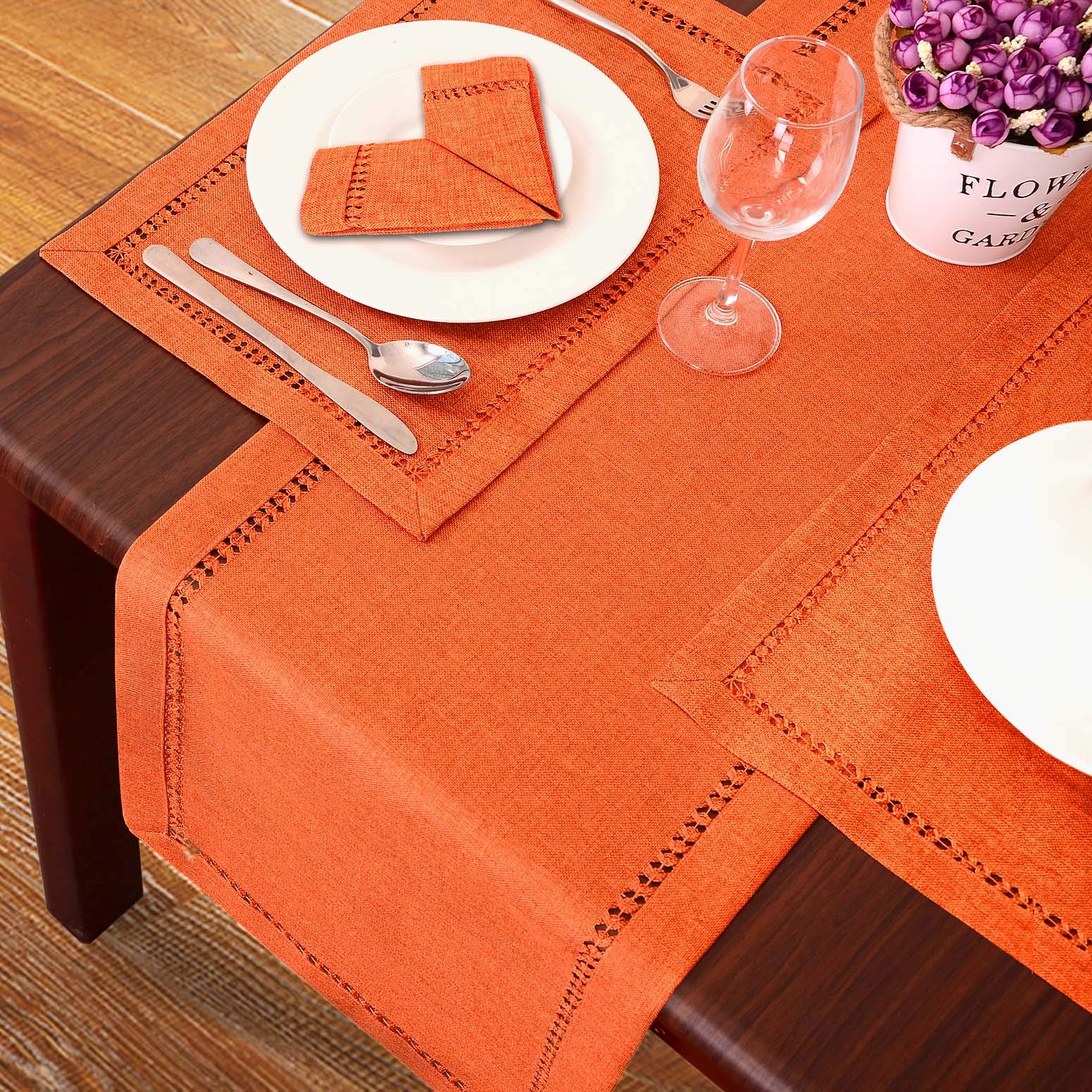 Grelucgo Handmade Hemstitch Orange Thanksgiving Table Runner, Fall Autumn Decorations(14 X 90 Inch)