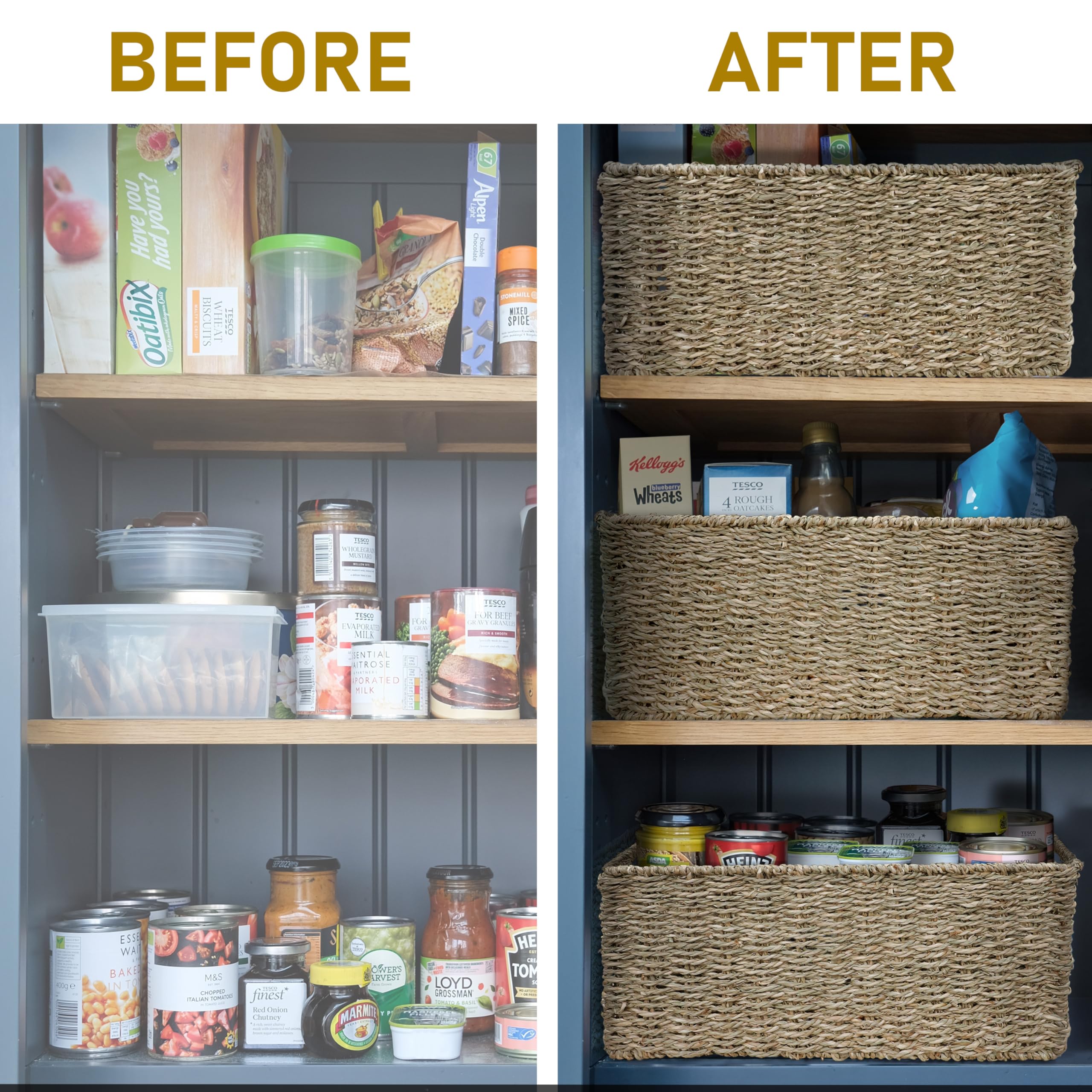 Homestead Seagrass Baskets With Built-In Handles For Storage, 13.5'' X 8'' Medium Rectangular Wicker Basket For Bedroom, Living