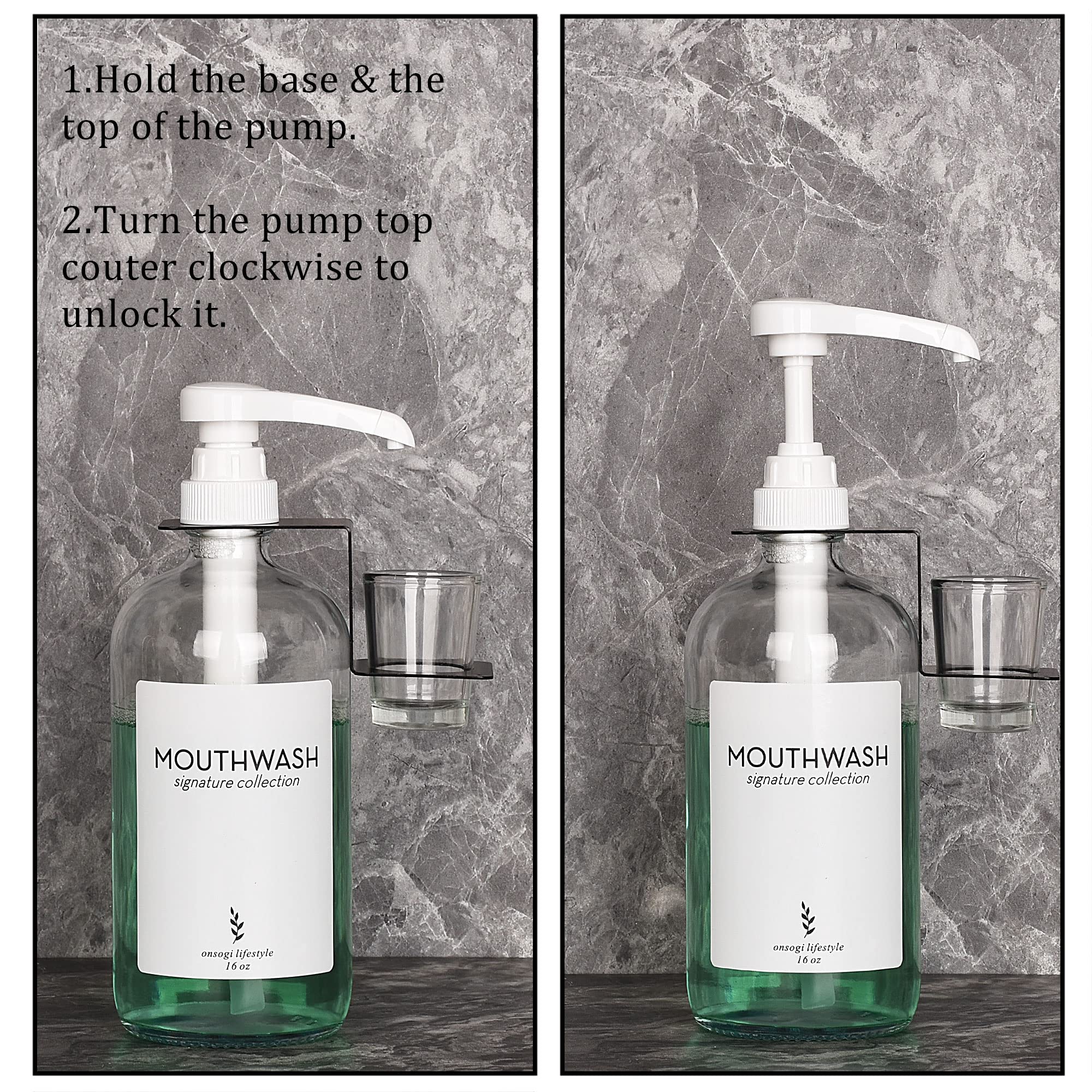 Onsogi Glass Mouthwash Dispenser With Cups Holders And Pumps, 16 Oz Rustic Boho Mouthwash Dispenser For Bathroom Farmhouse Decor