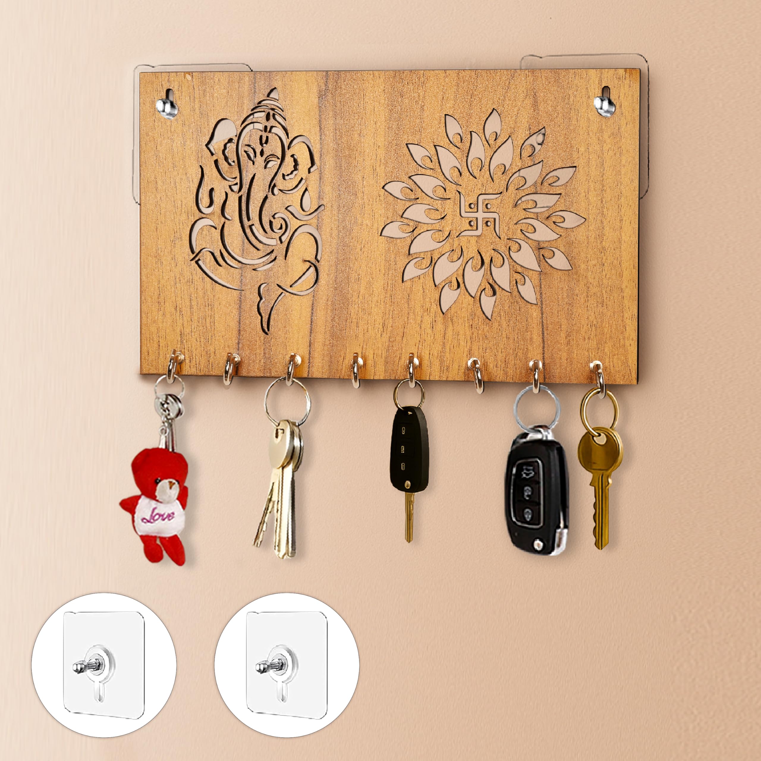 Rousrie Wooden Key Holder, No Drill Required, with 8 Hooks, Decorative Wall Mount Key Stand, Stylish Home and Office Key Hanger