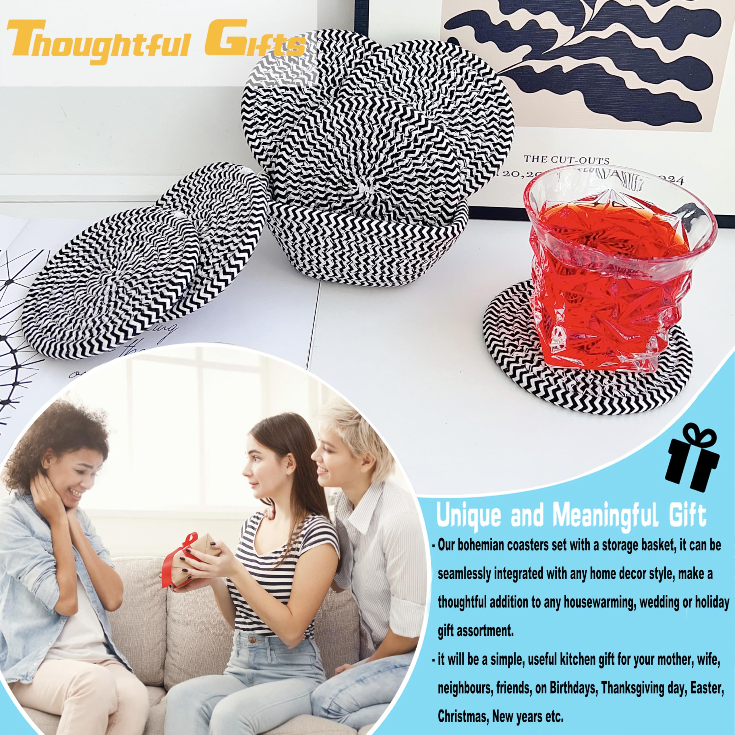 Valdivia Boho Drink Coasters With Storage Basket, Handmade Woven Cotton Absorbent Coaster Set Of 6, Minimalist Home Decor For Co