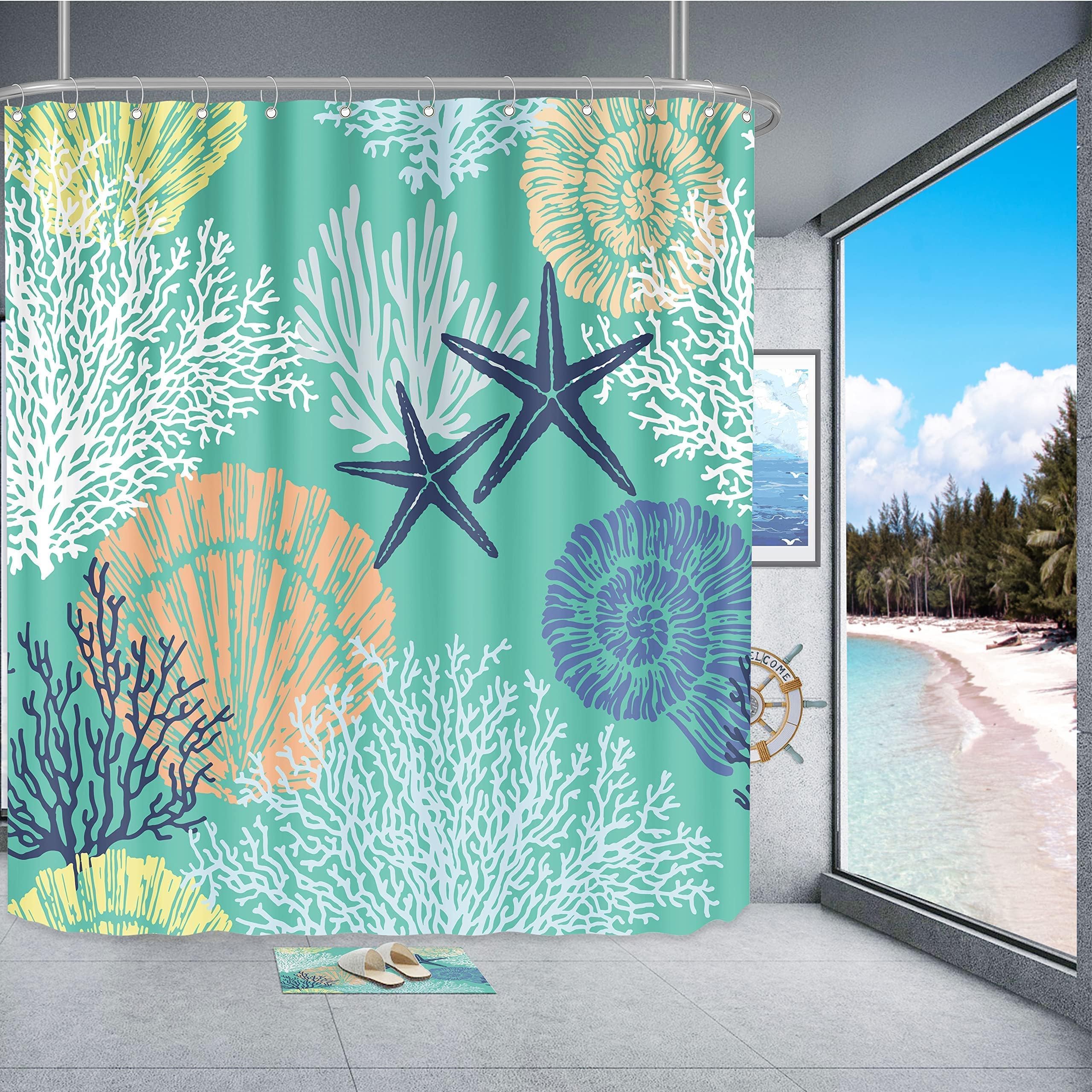 Tritard Extra Long Nautical Coastal Shower Curtain Starfish Seashell Coral Beach Themed Bath Curtain Waterproof Fabric Ocean Sho