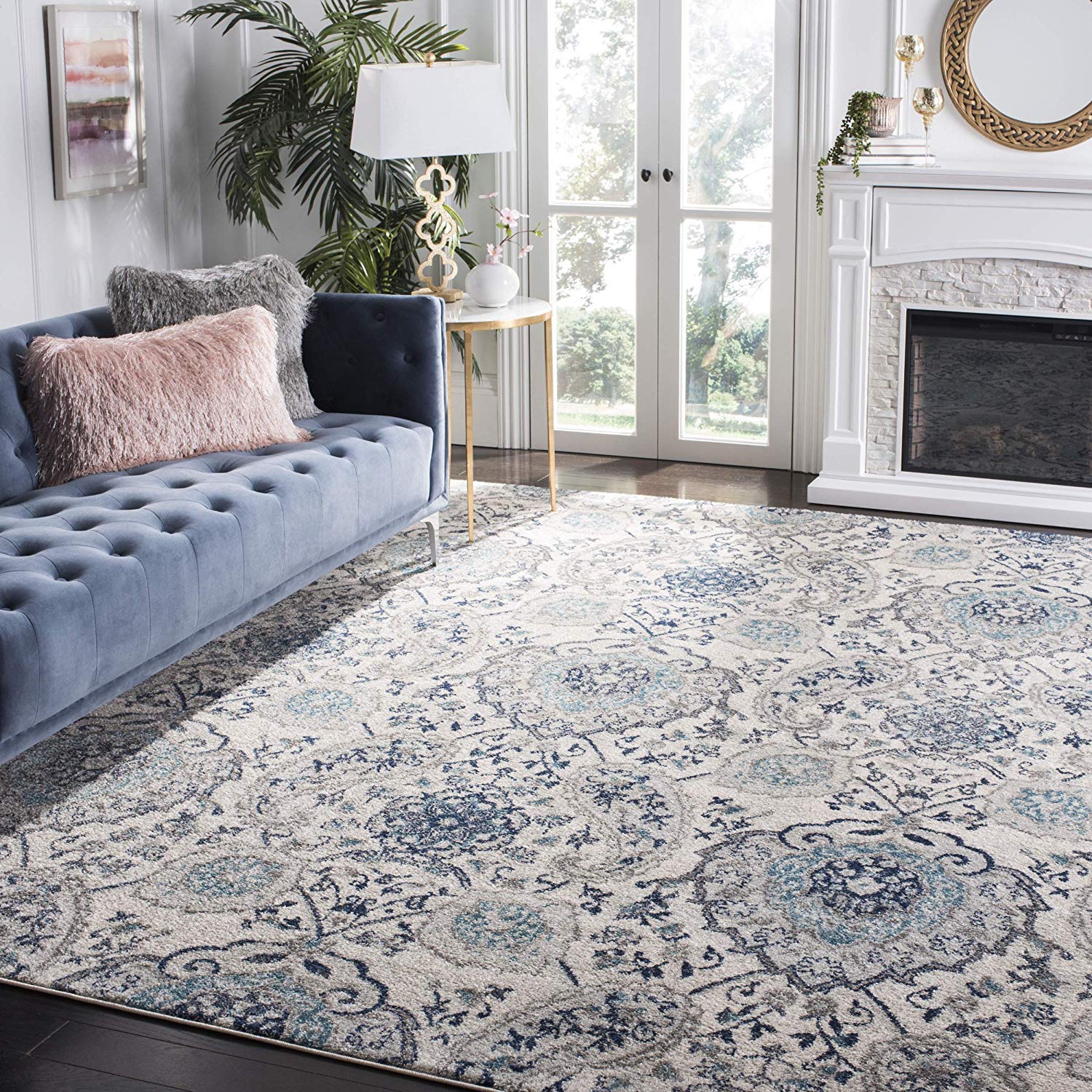 SAFAVIEH Madison Collection Area Rug - 12 Square, Cream & Light Grey, Boho Chic Glam Paisley Design, Non-Shedding & Easy Care,