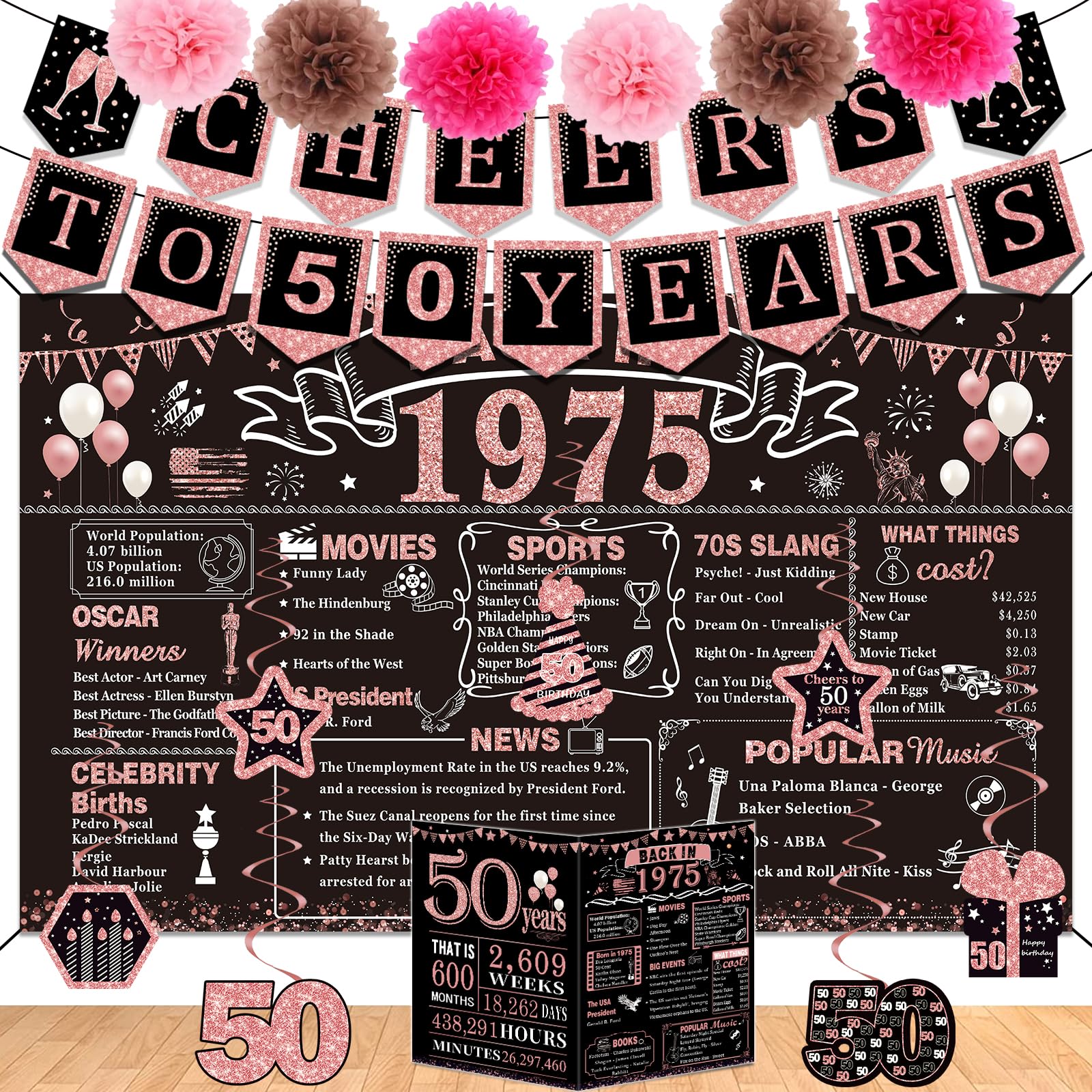 50Th Birthday Decorations For Women,16Pcs Back In 1975 Party Banner Decorations,Including Vintage 1975 Backdrop,Cheers To 50 Yea