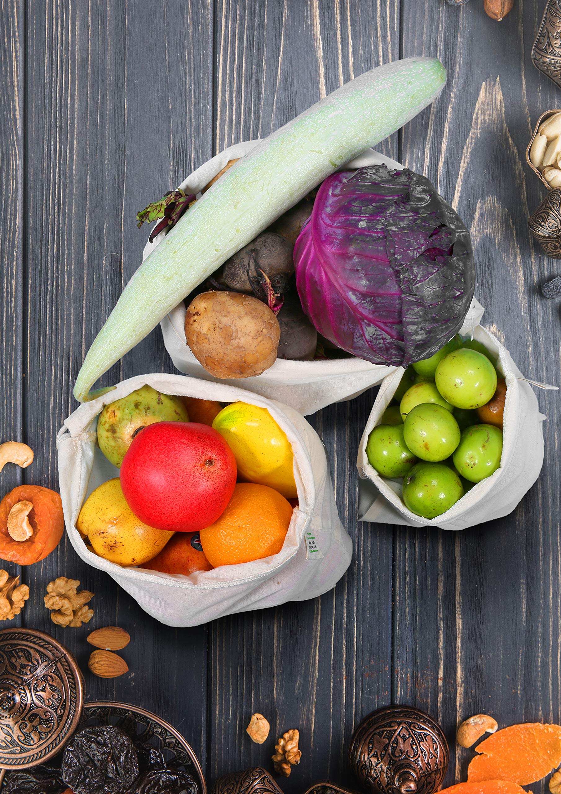 Amour Infini Reusable Organic Cotton Grocery Bags |Biodegradable,Safe,Washable Produce Bags With Tare Weight & Drawstrings|Set O