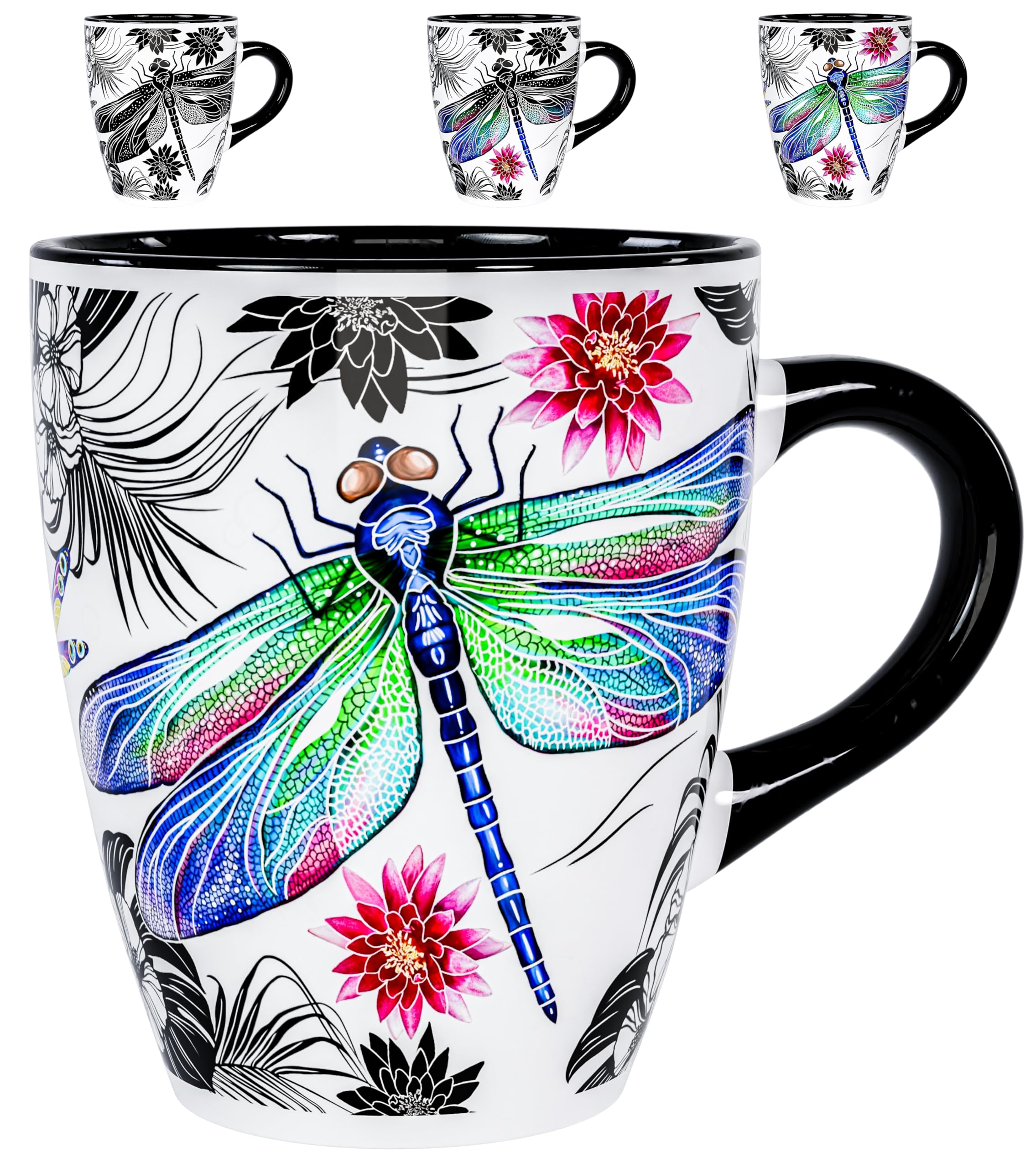 Color Changing Dragonfly Coffee Mug 12oz - Heat Sensitive Ceramic Cup with Floral Reveal - Dragonfly Gifts for Women, Unique Cof