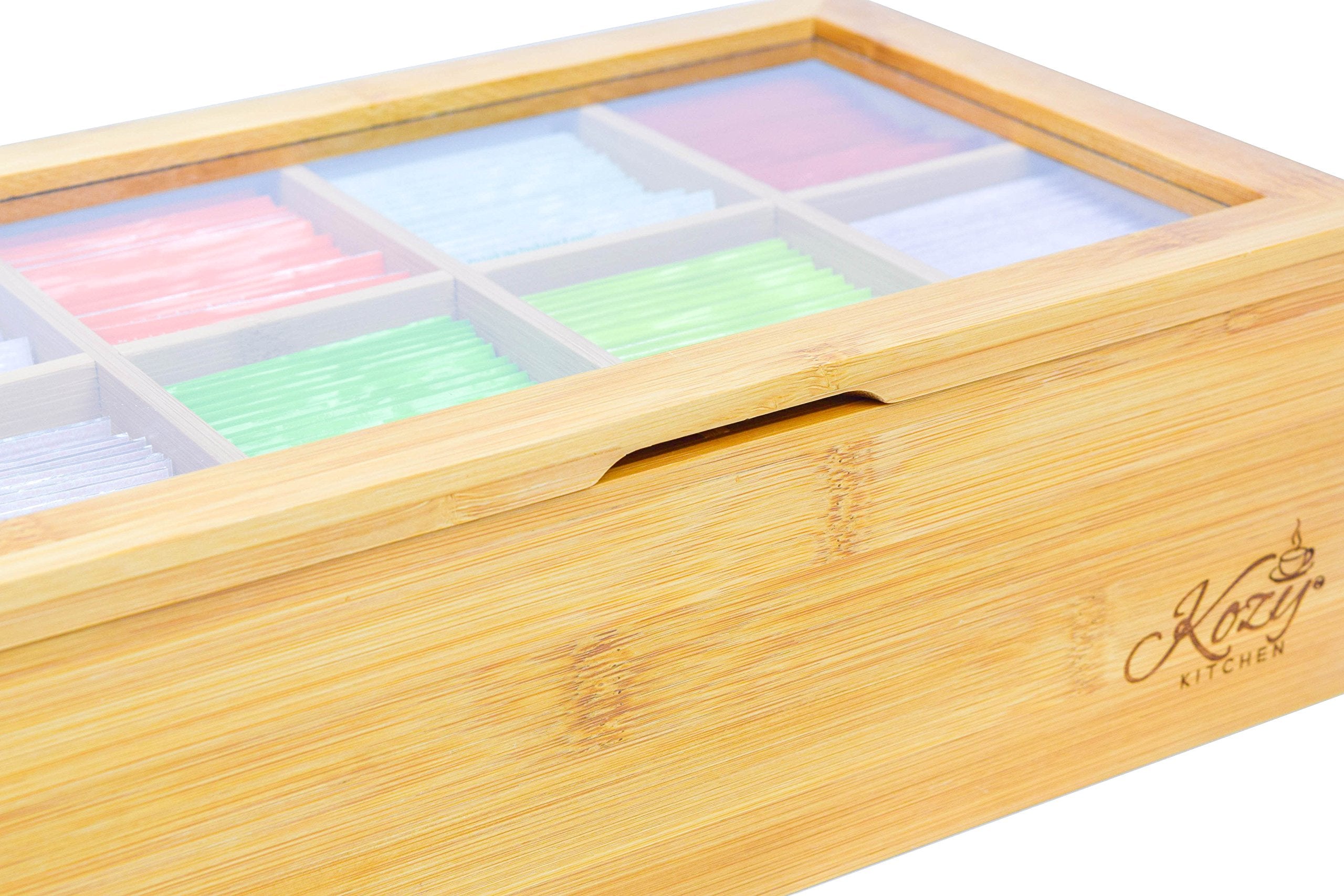 Kozy Kitchen Tea Box Storage Organizer| Large 8-Storage Compartments And Clear Shatterproof Hinged Lid Tea Chest|Enhanced Organi