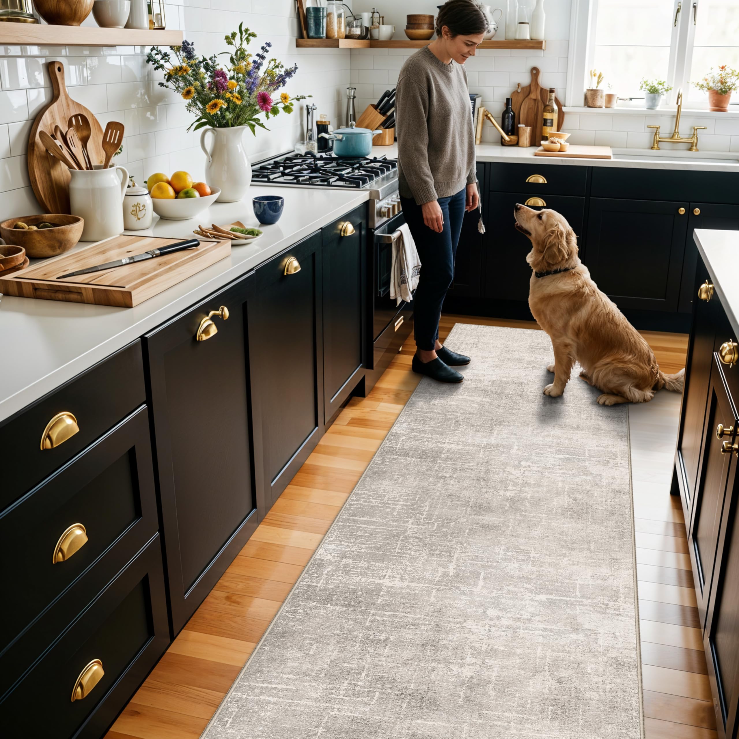 Abstract 2x10 Kitchen Rug Runners - Washable 10ft Hardwood Sink Rugs Non-Slip Hallway Entryway Area Rug Soft Floor Mat Indoor Fa