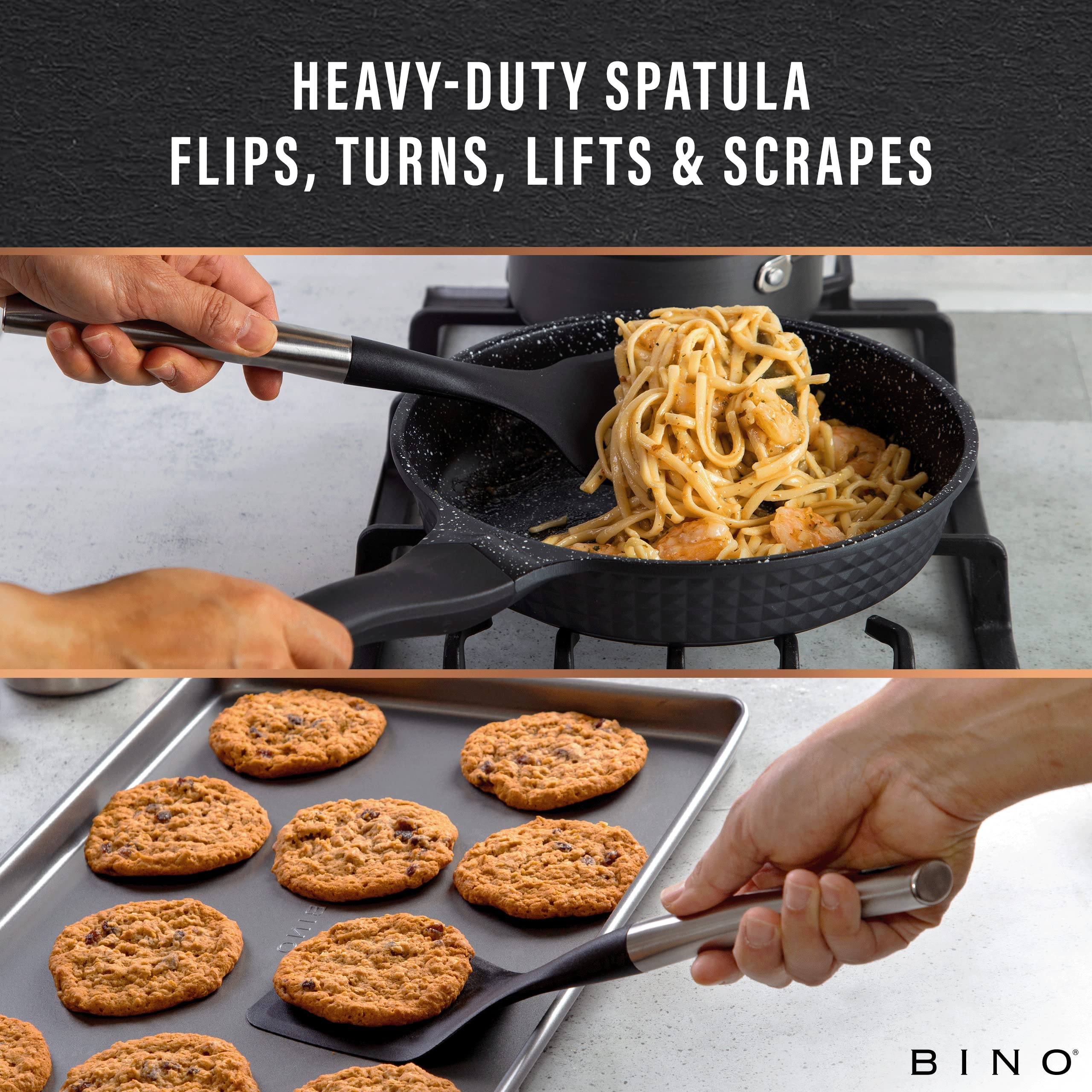 Bino 2-Piece Spoon & Turner Set With Stainless Steel Handles - Black | Heat Resistant Bpa-Free Nonstick Cookware | Cooking Mixin