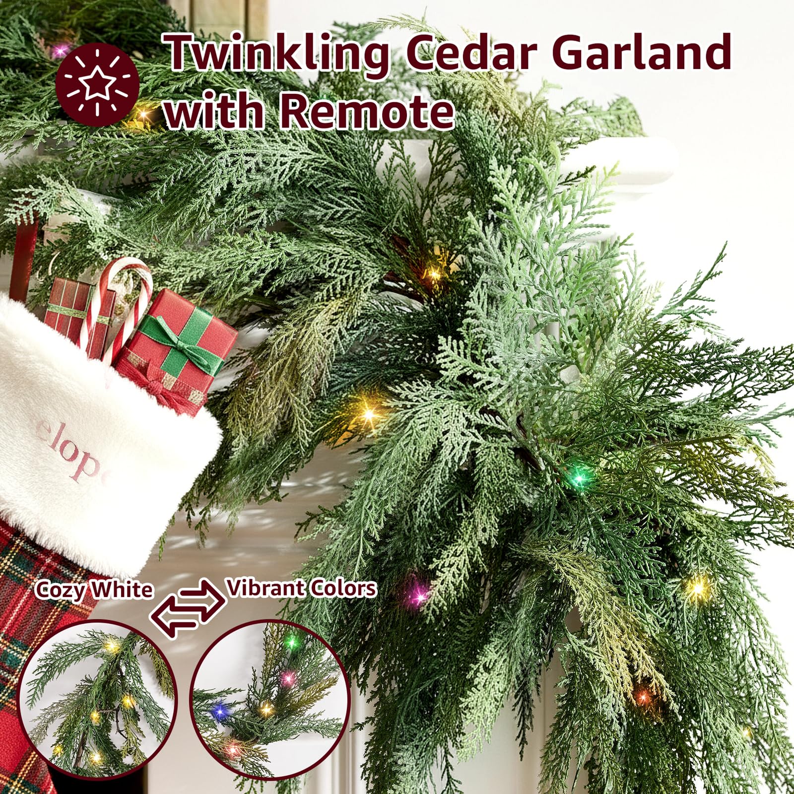 Christmas Cedar Garland Realistic with Lights - Cypress Decorations 9ft for Mantle Lighted Faux Pine Garlands for Xmas Home Deco