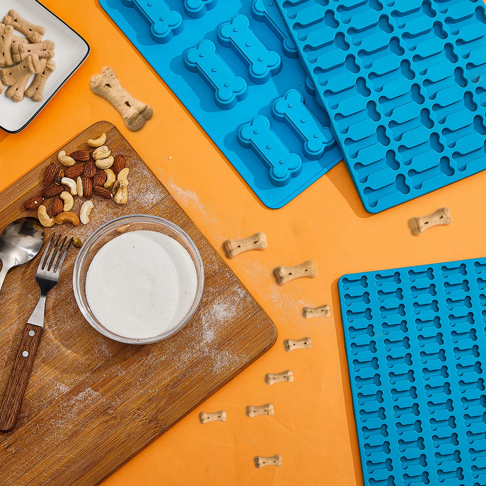 Nuogo Dog Treat Molds - 3 Pcs Silicone Bone Molds, Blue, Non-Stick, Oven/Microwave Freezer Safe, 15/44/108 Cavity