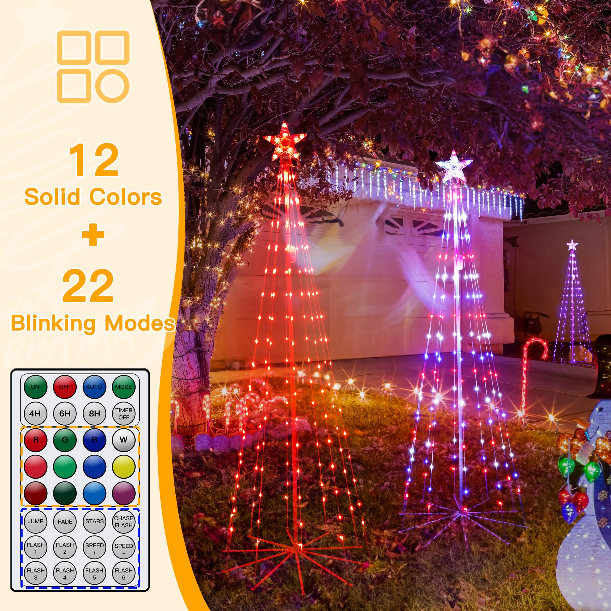 Ollny Christmas Tree Lights 5FT 140 LED, RGB 34 Modes Color Changing Outdoor String Light with Plug in Remote, Waterproof Star L