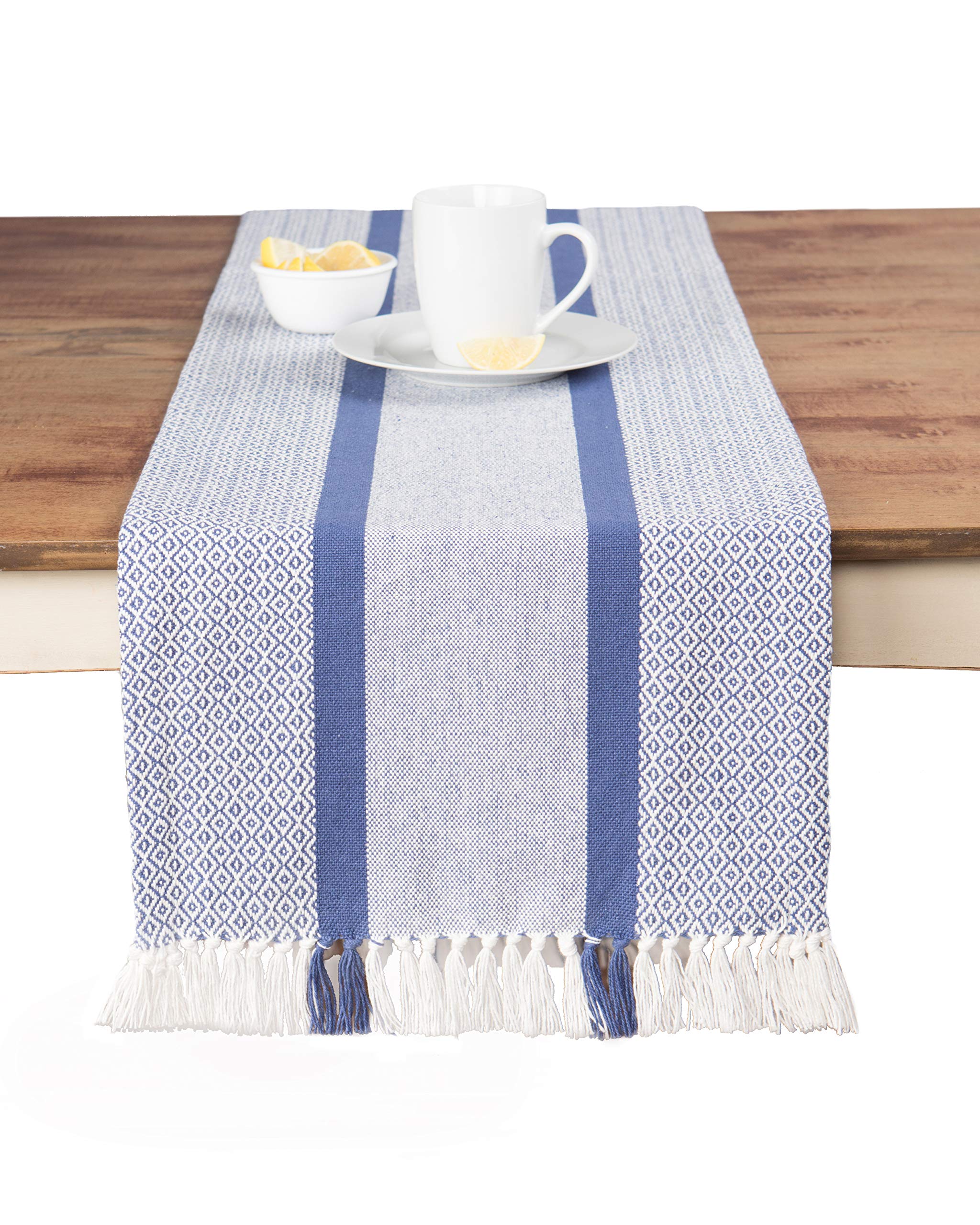 Table Runner Cotton Farmhouse Boho 14X72 In, Table D   Cor For Kitchen Or Dining, Blue Cloth Woven Striped Table Runners