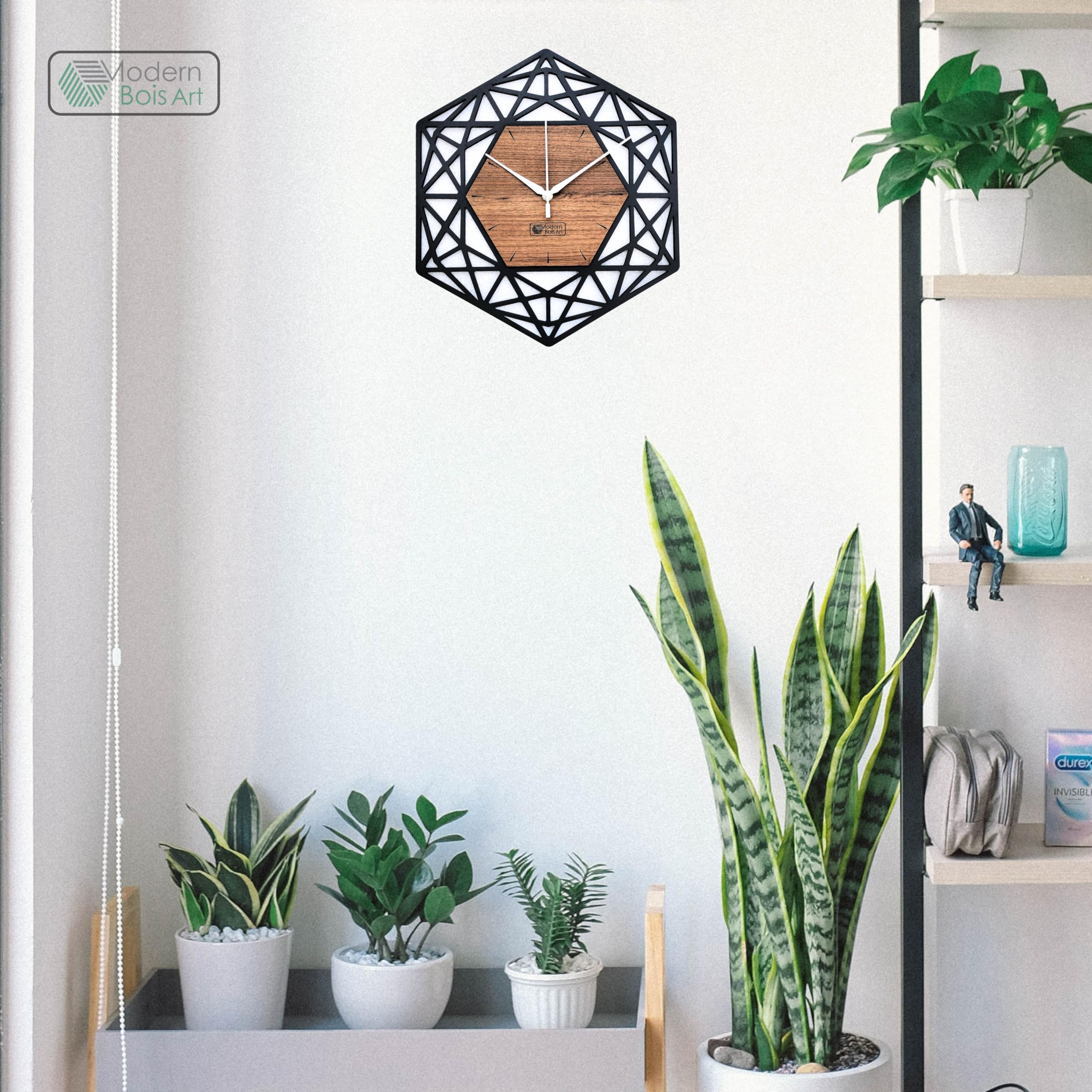 Modern Bois Art Antique Geometric Design Handmade Wood Wall Clock, Big Size Modern Analog Wall Clock For Home Decor (Black, And