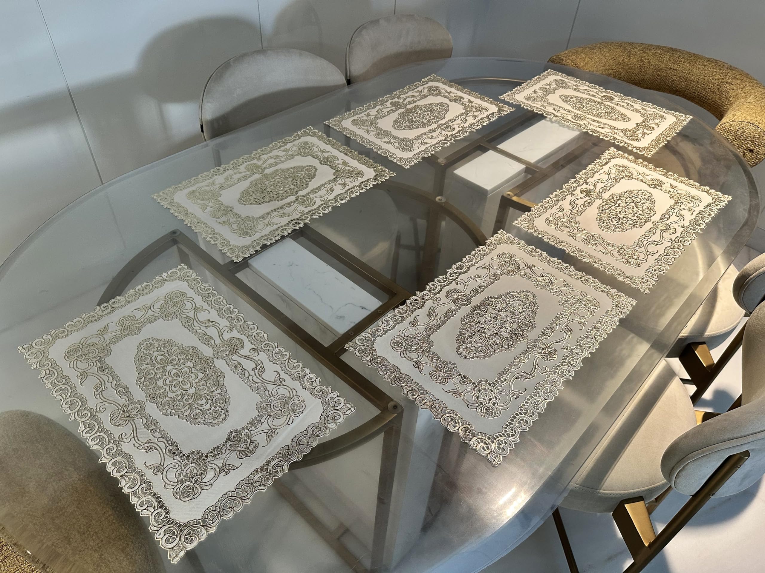 LAVICHITRA Rectangular Pack of 6 Table Placemat (Gold, White, PVC) Everyday Home & Office Essentials Multipurpose Utility Item