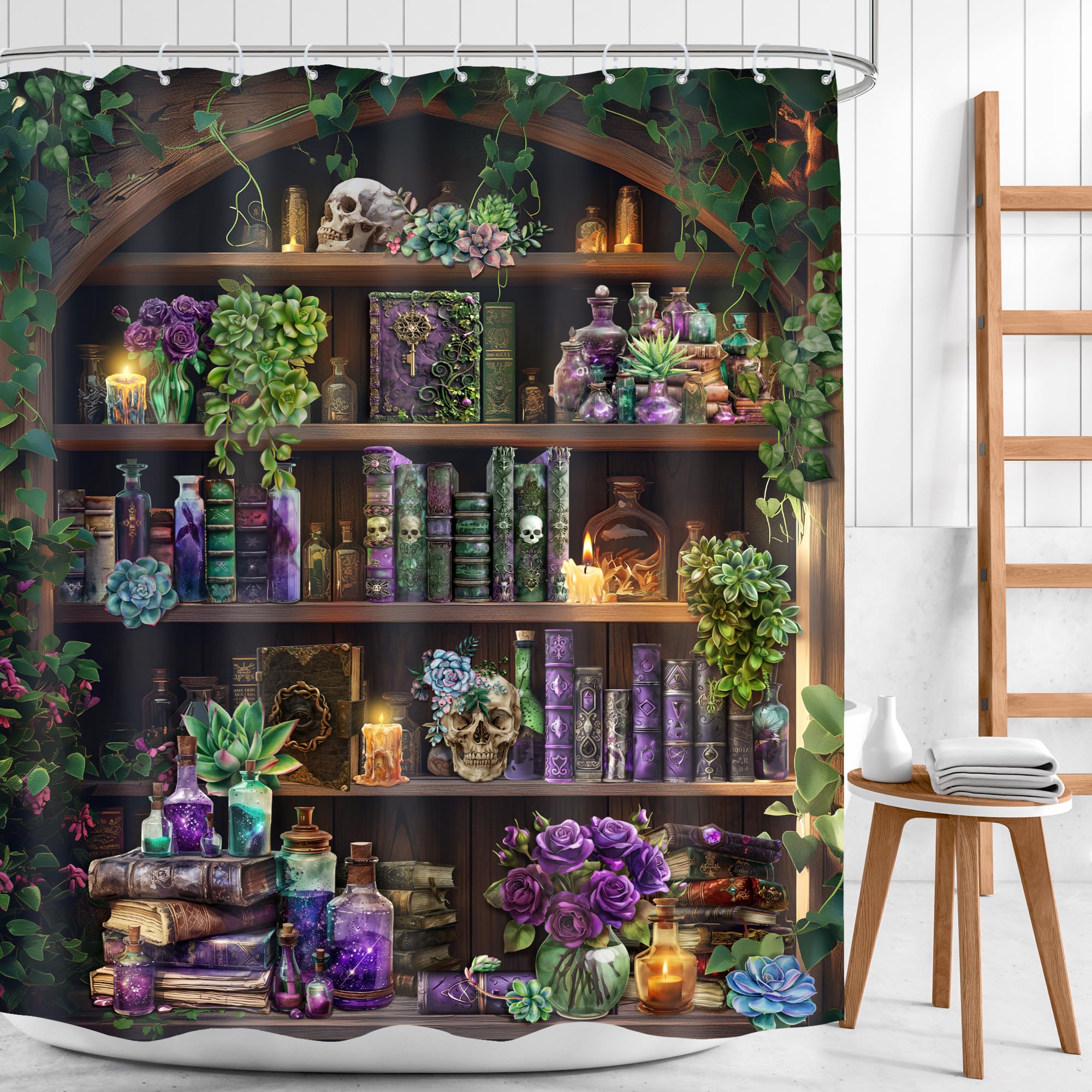 Mitpok Gothic Skull Shower Curtain 60Wx72H Vintage Withcy Spooky Retro Wizard Magic Bookshelf Succulent Black Unique Cool Bathro