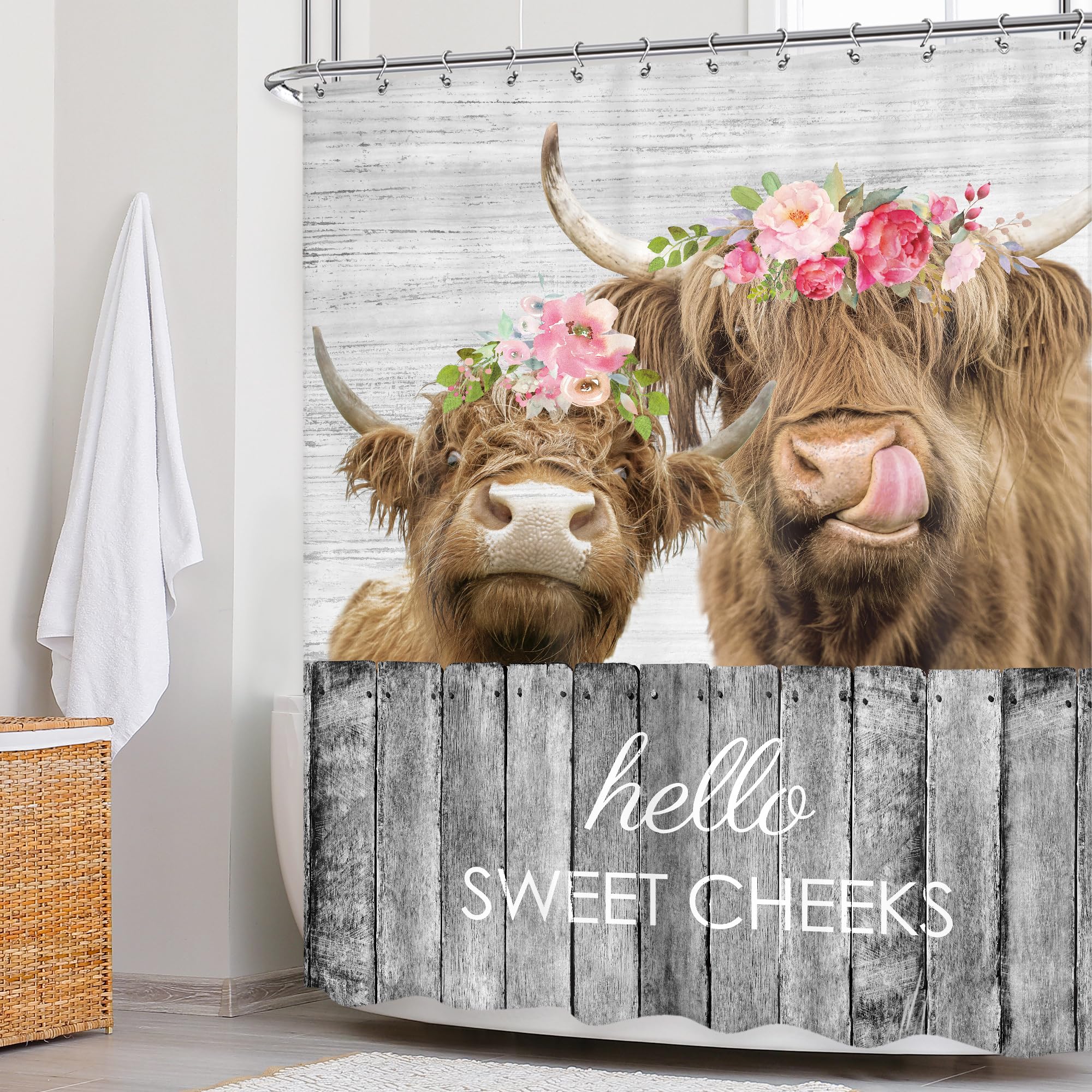 Newsely Farmhouse Highland Cow Shower Curtain 60Wx72H Inch Rustic Bull Western Funny Animal Floral Wood Board Shower Curtain Bat