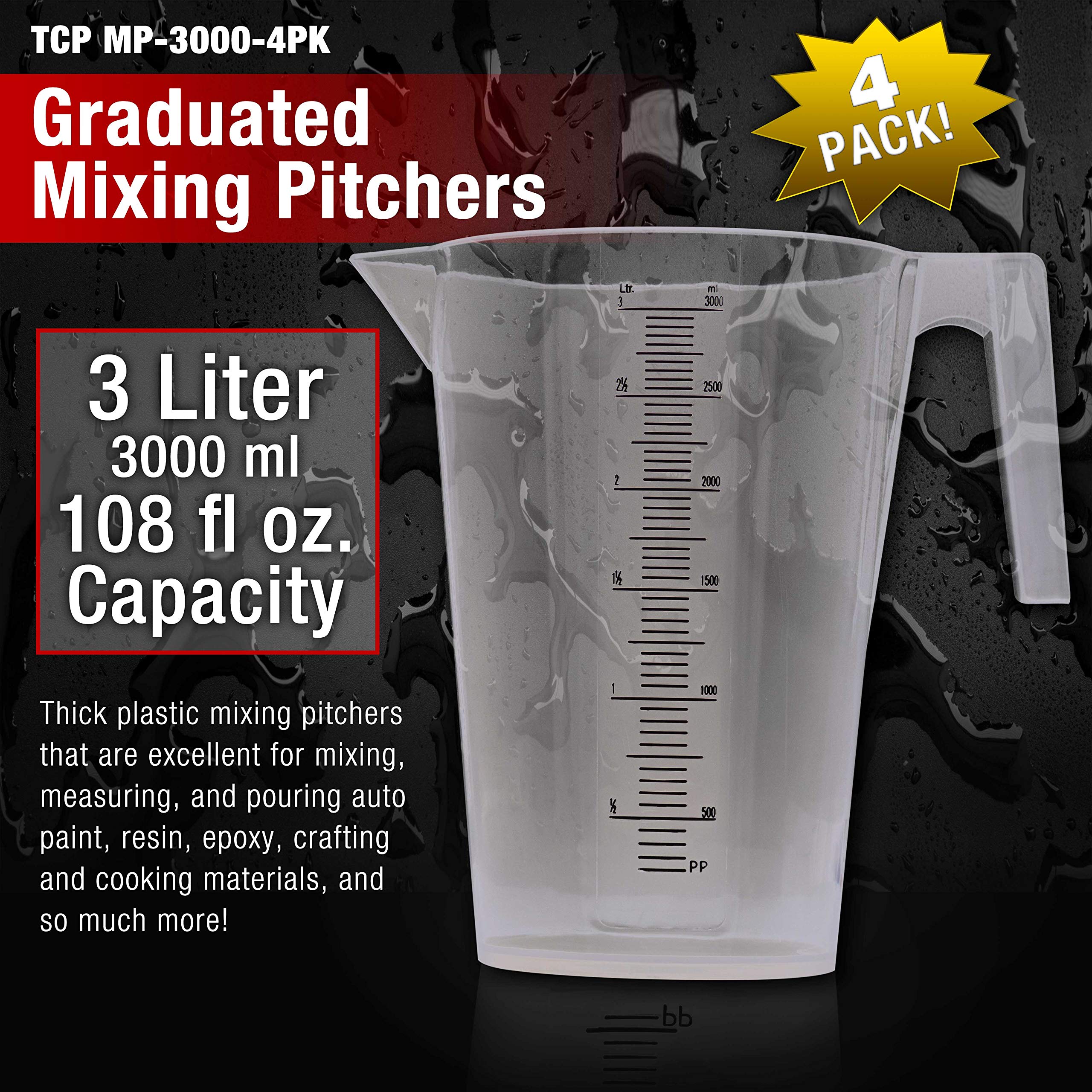 Tcp Global 3 Liter (3000Ml) Plastic Graduated Measuring And Mixing Pitcher (Pack Of 4) - Holds 3 Quarts 0.75 Gallon - Pouring Cu
