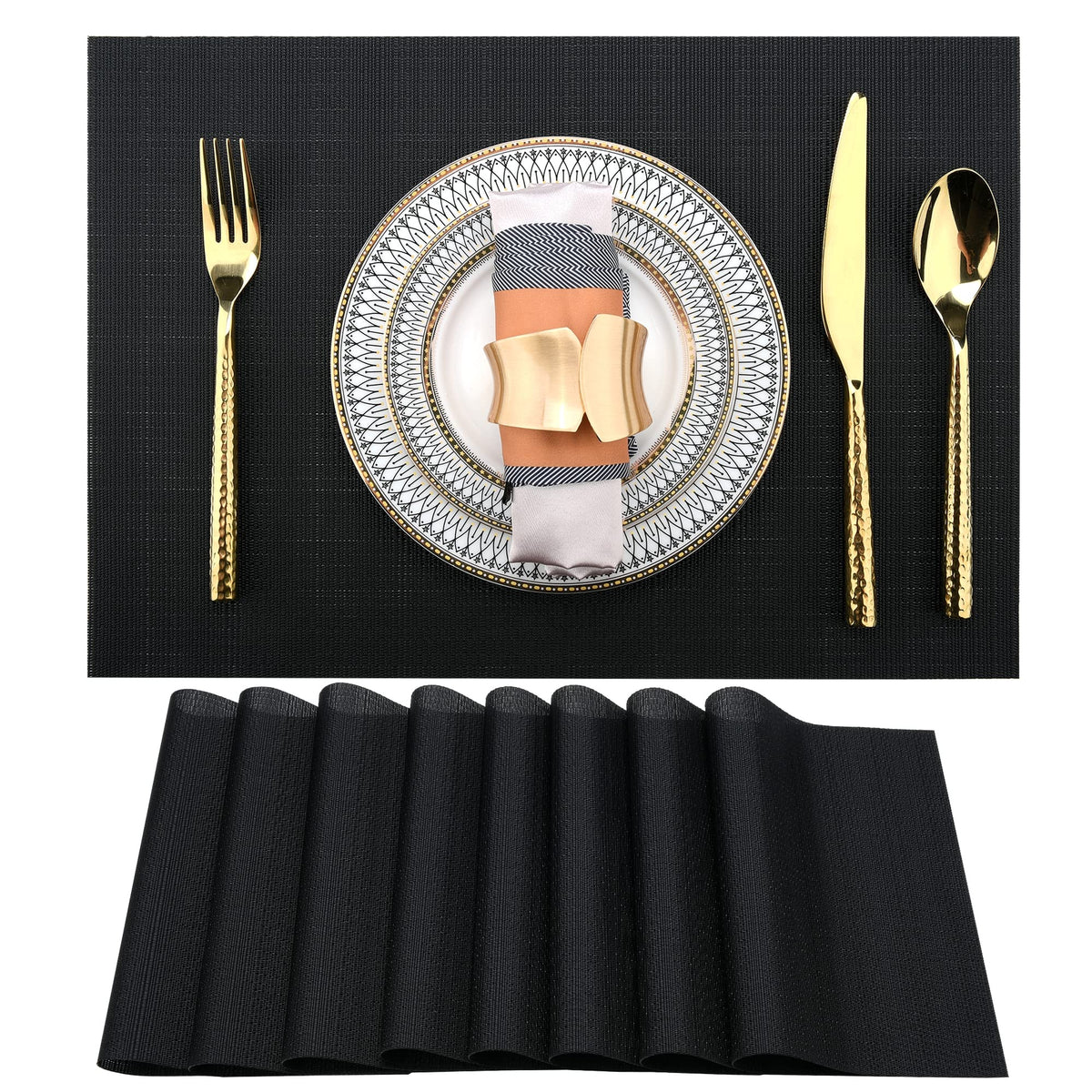 Slkqg Black Placemats Set Of 8 - Easy Clean Washable Vinyl Placemats - Heat Resistant Placemats For Kitchen Table - Pvc Table Ma
