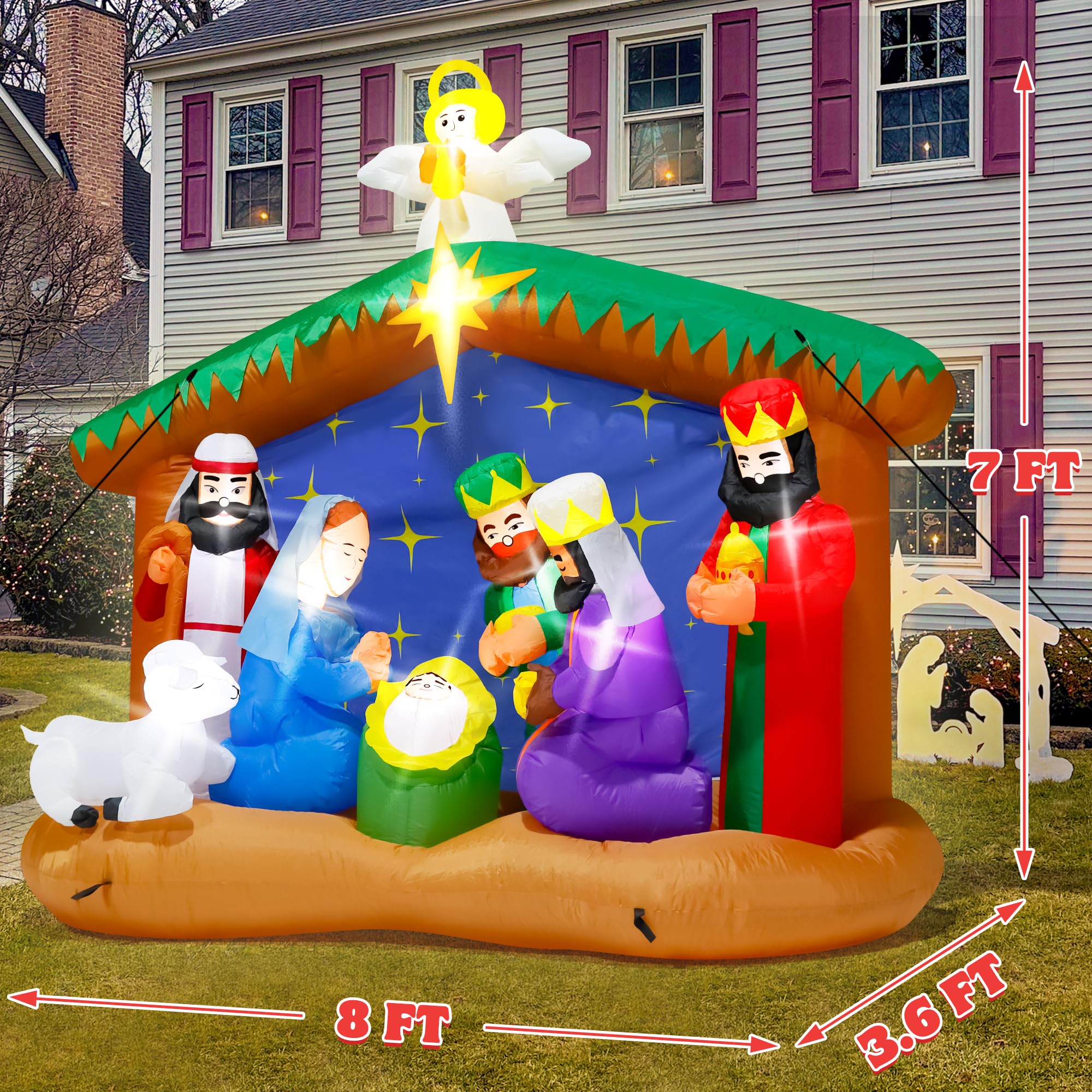 8FT Christmas Inflatables Nativity Scene, Blow Up Christmas Nativity Scene, LED Lighted The Birth of Jesus Scene Inflatables Dec